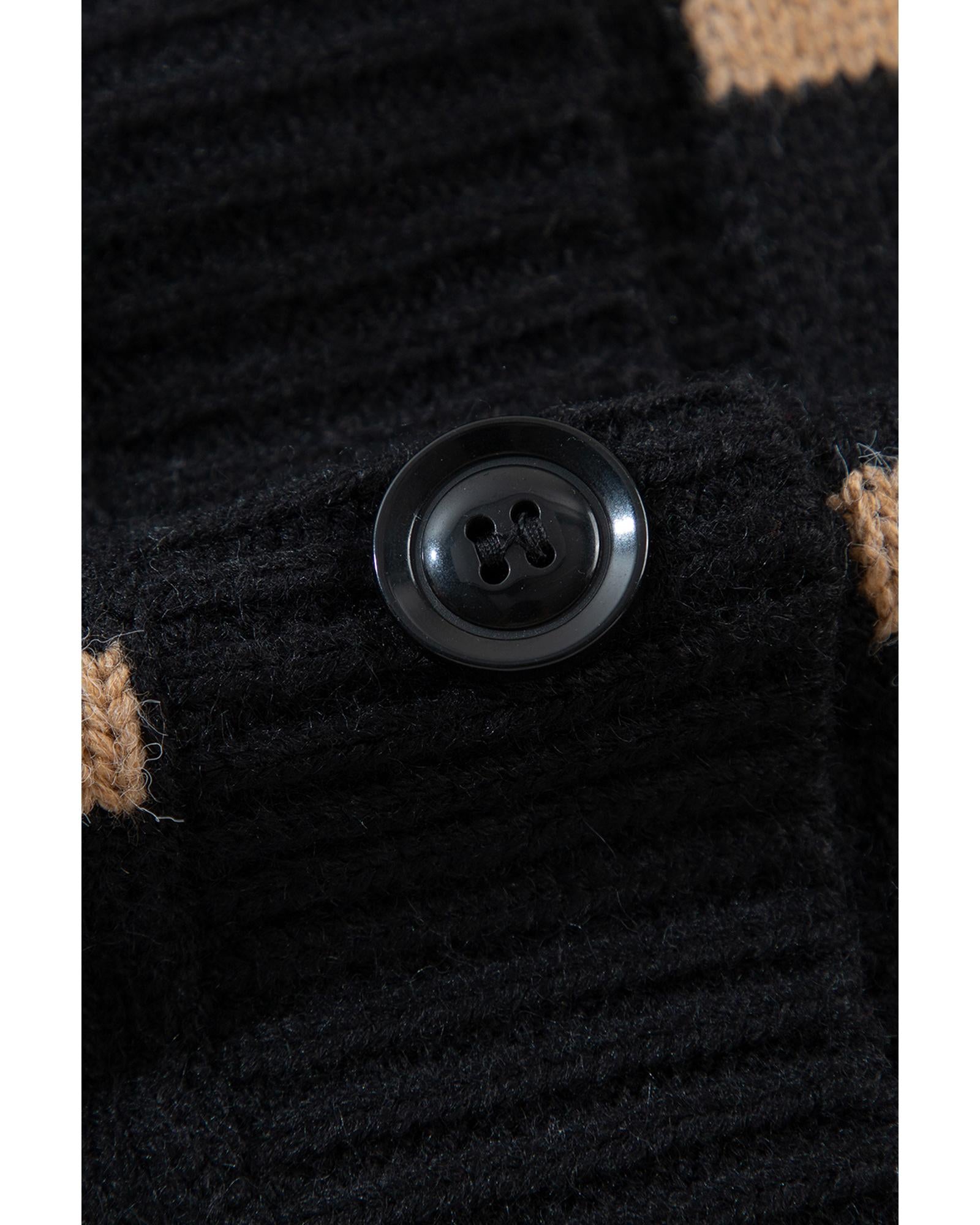 Black Stripe Buttoned V Neck Drop Shoulder Loose Cardigan - 2XL