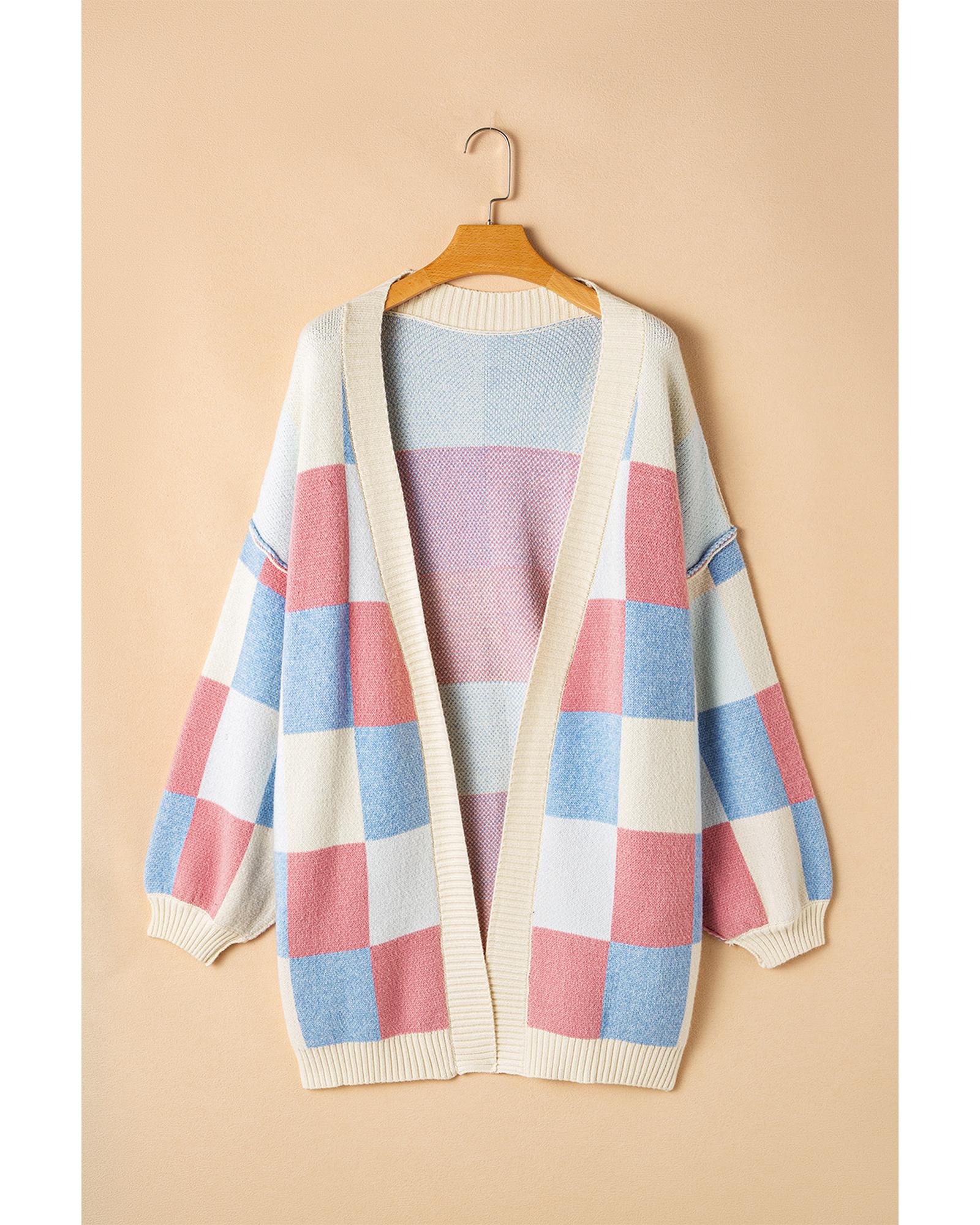 Light Blue Checkered Drop Shoulder Exposed Seam Open Front Cardigan - M