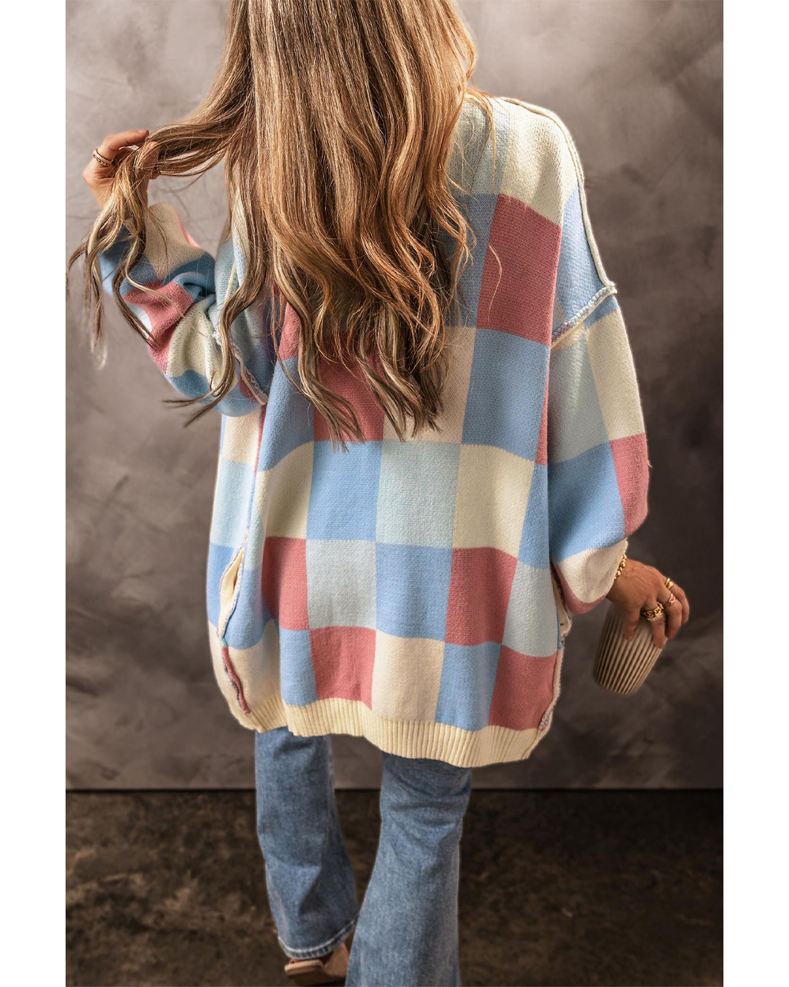 Light Blue Checkered Drop Shoulder Exposed Seam Open Front Cardigan - S