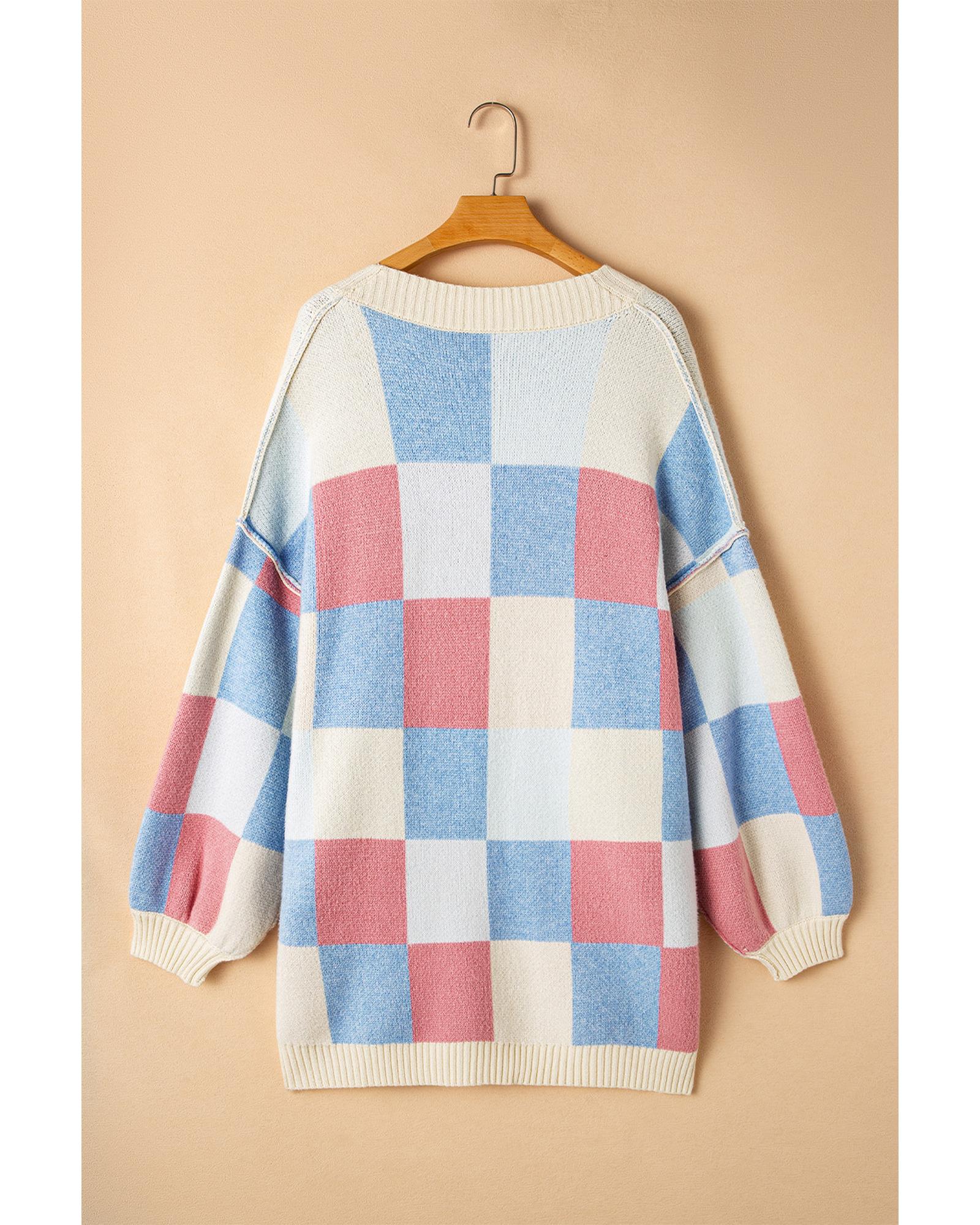 Light Blue Checkered Drop Shoulder Exposed Seam Open Front Cardigan - S