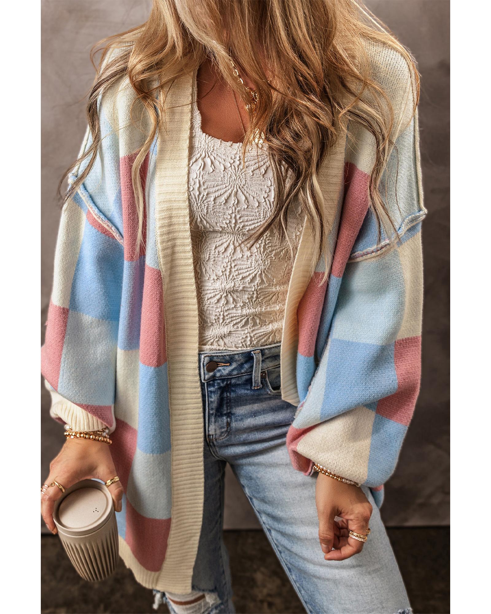 Light Blue Checkered Drop Shoulder Exposed Seam Open Front Cardigan - S