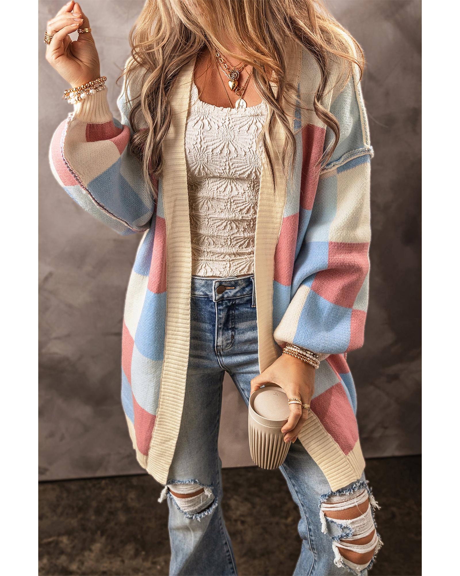 Light Blue Checkered Drop Shoulder Exposed Seam Open Front Cardigan - XL