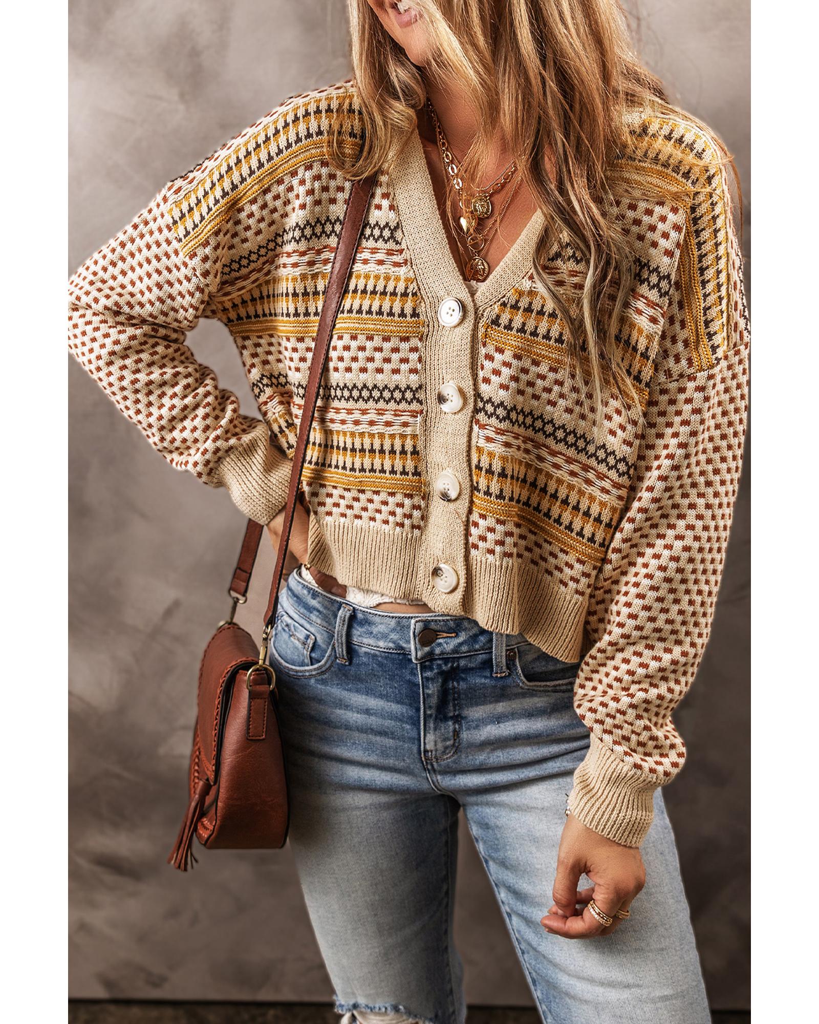 Khaki Buttoned V Neck Cropped Cardigan - S
