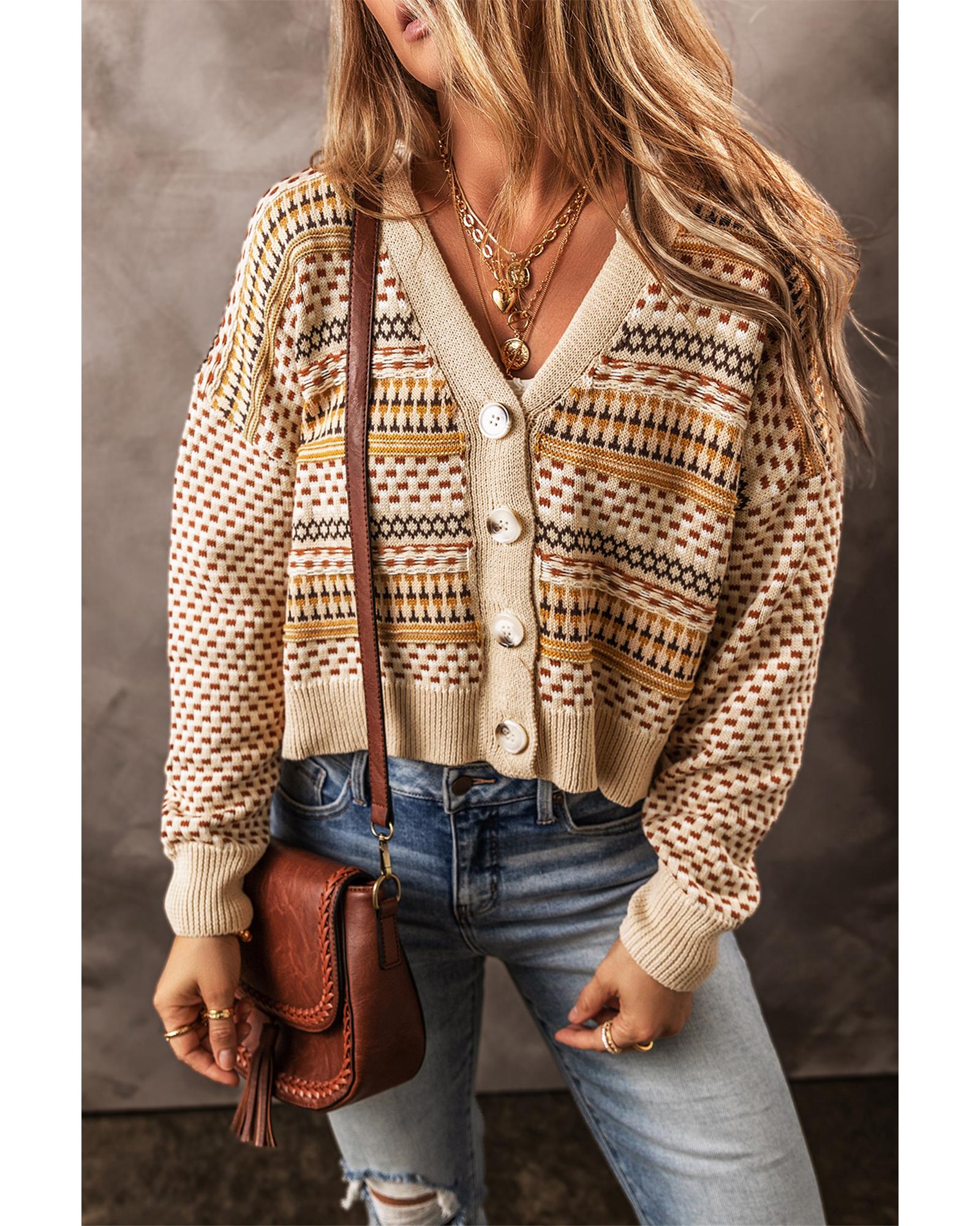 Khaki Buttoned V Neck Cropped Cardigan - S