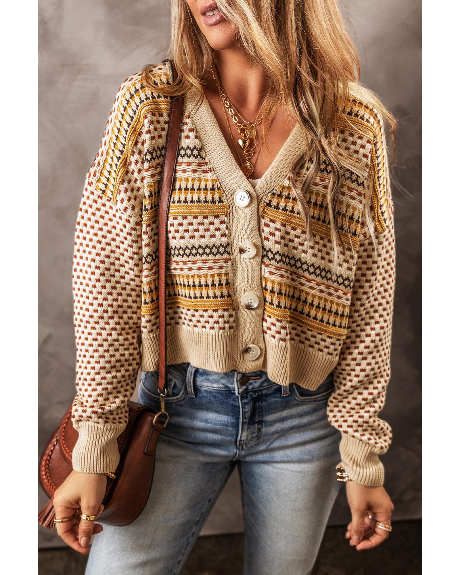 Khaki Buttoned V Neck Cropped Cardigan - S