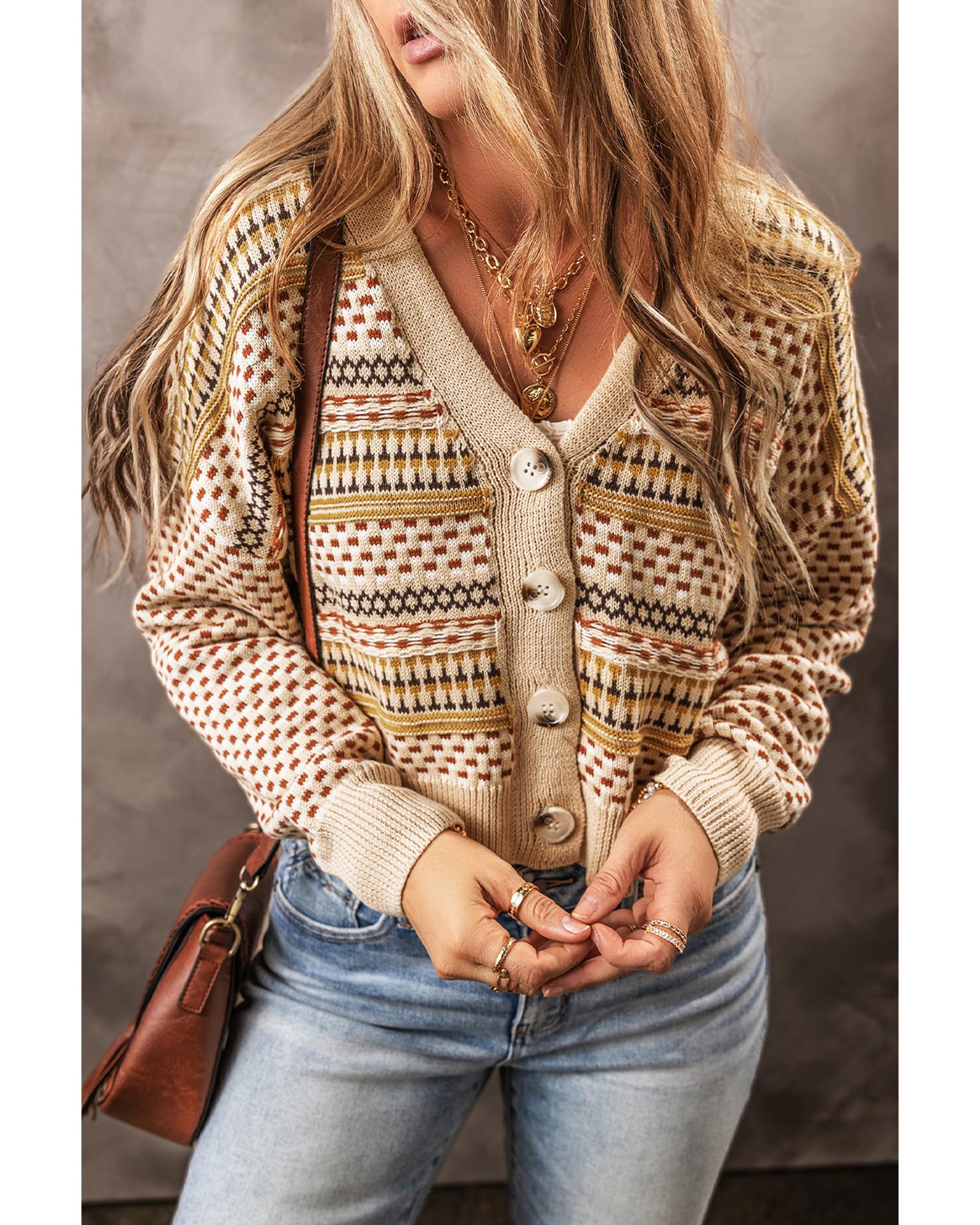 Khaki Buttoned V Neck Cropped Cardigan - S