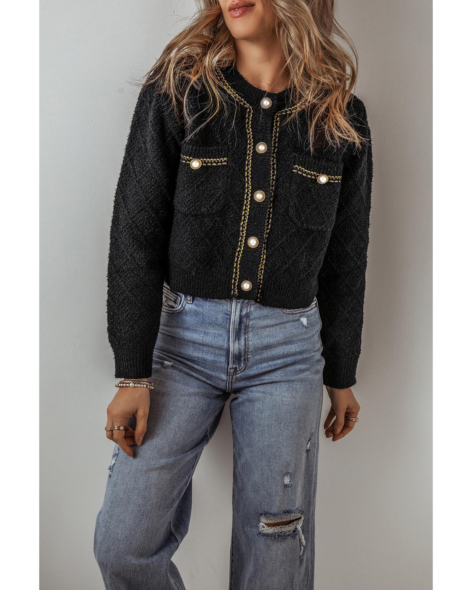 Black Shimmer Flap Pocket Button up Cardigan - L