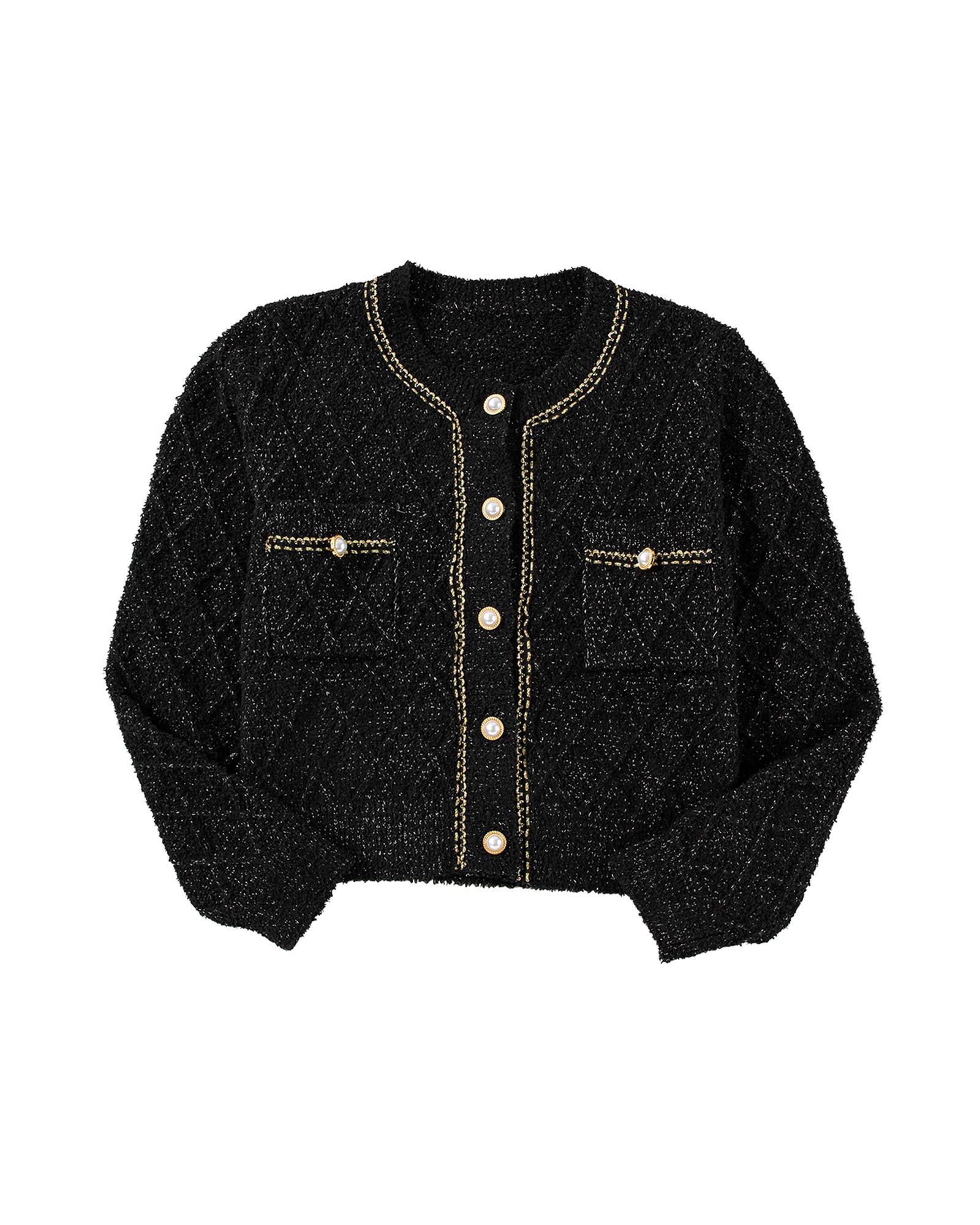 Black Shimmer Flap Pocket Button up Cardigan - M