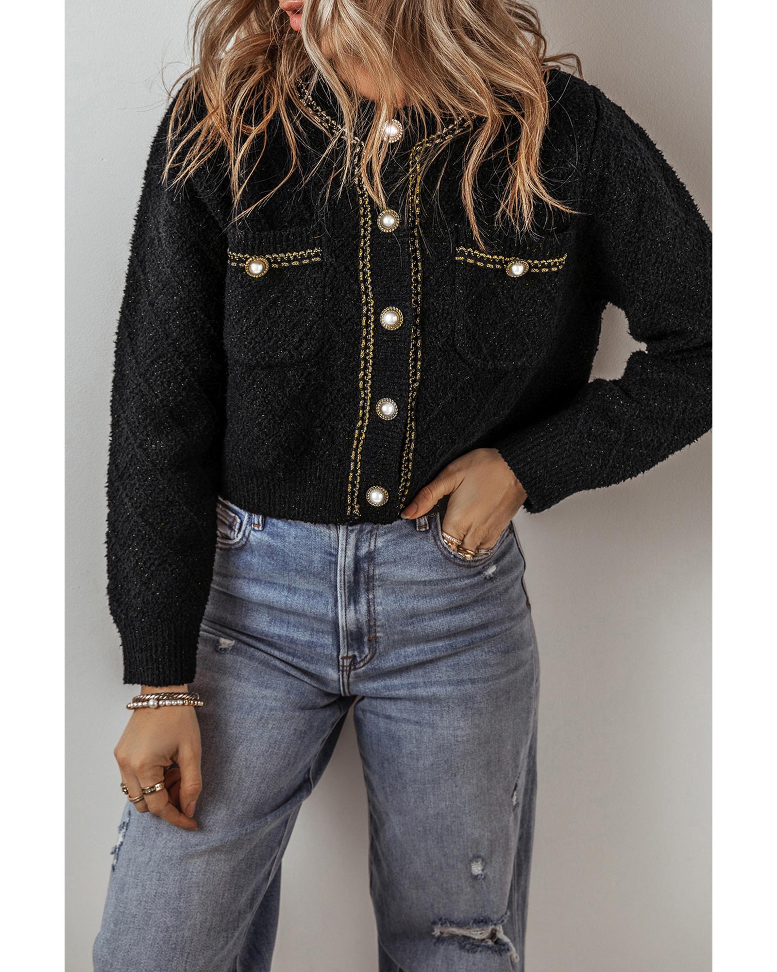 Black Shimmer Flap Pocket Button up Cardigan - XL