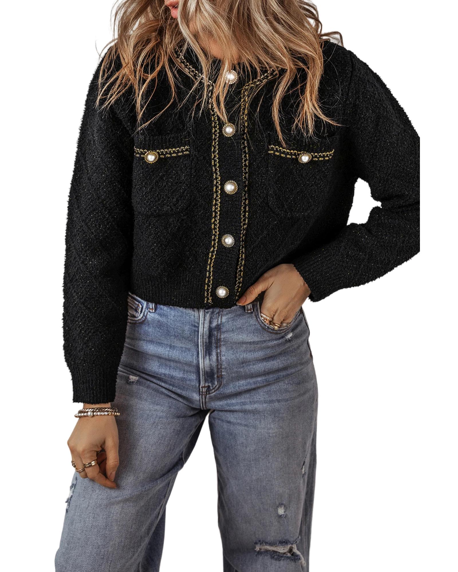 Black Shimmer Flap Pocket Button up Cardigan - XL