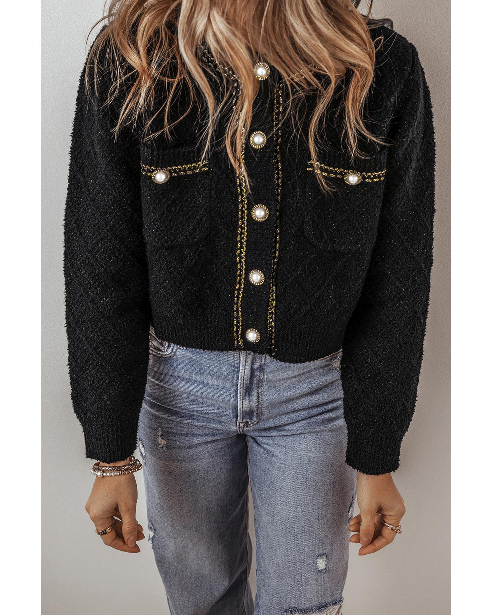 Black Shimmer Flap Pocket Button up Cardigan - XL
