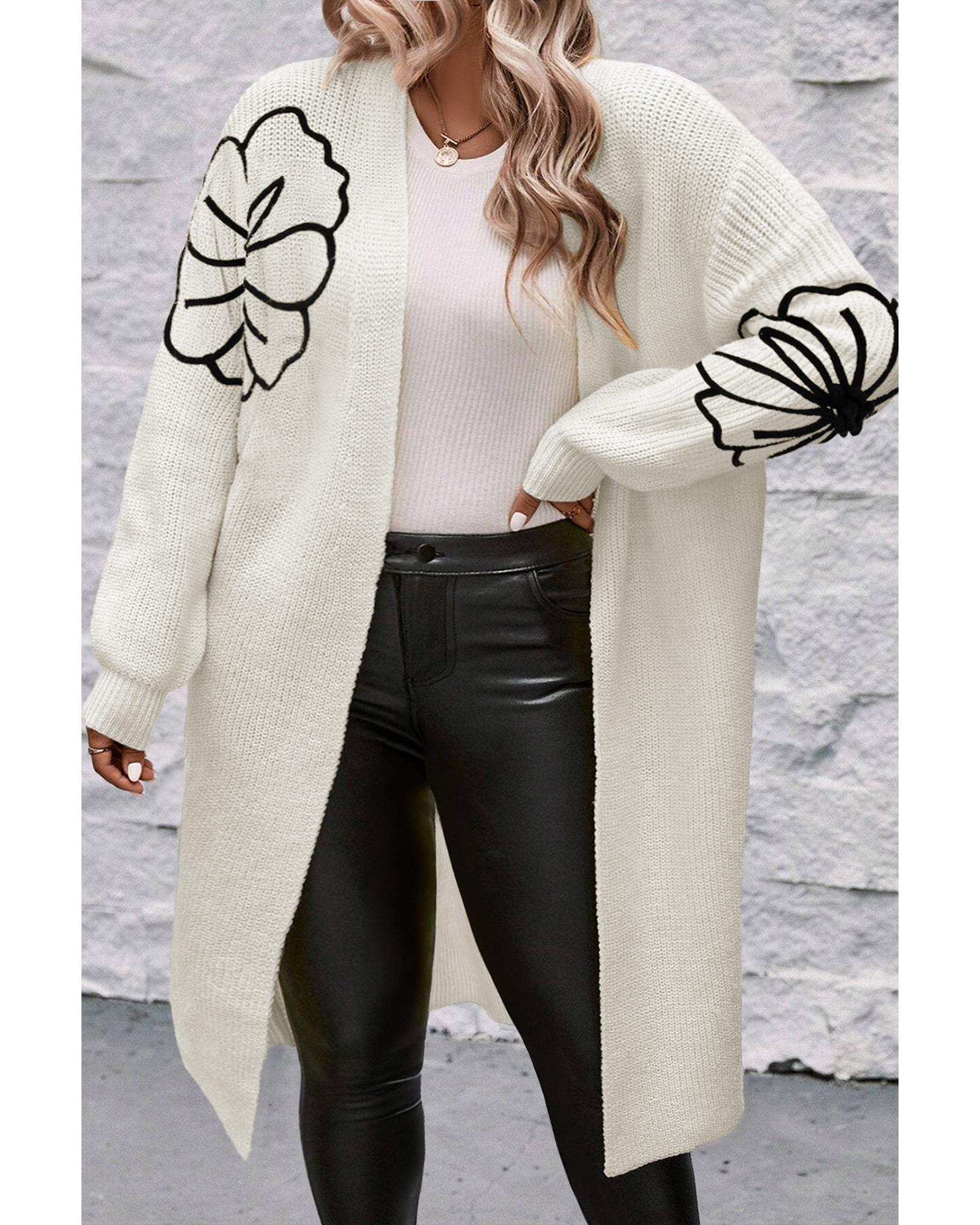 Beige Flower Embroidered Drop Shoulder Open Front Duster Cardigan - L