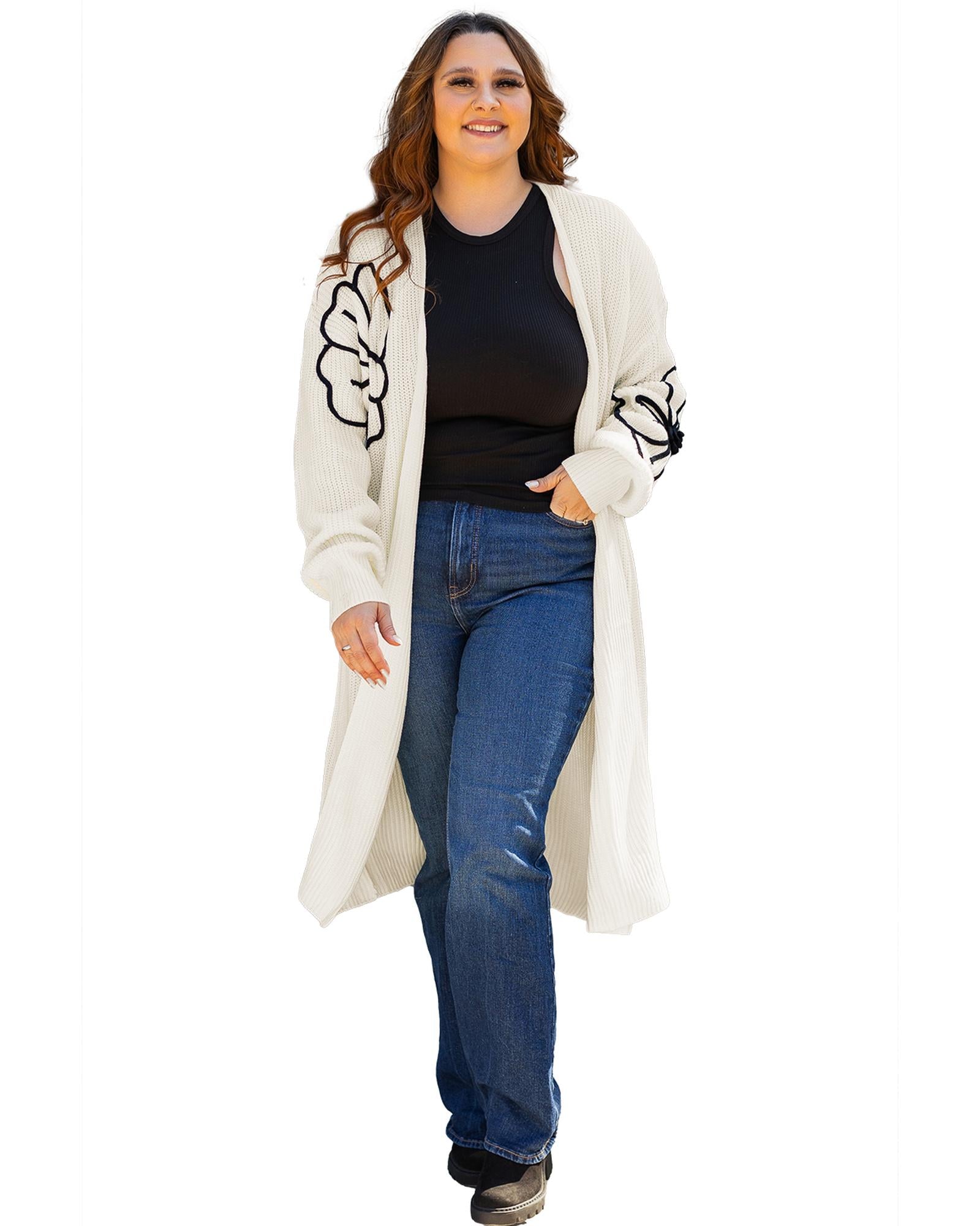Beige Flower Embroidered Drop Shoulder Open Front Duster Cardigan - L