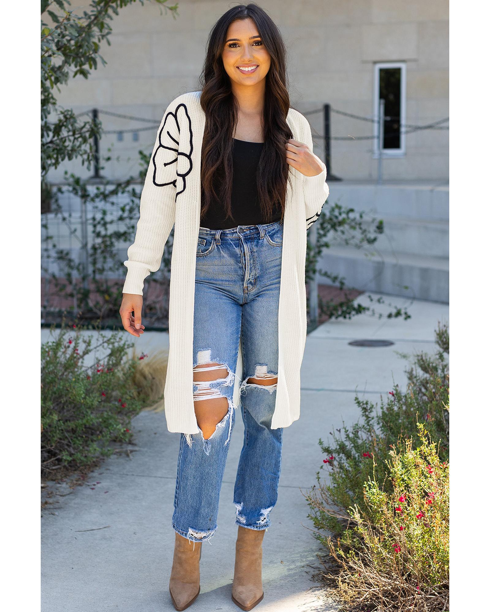 Beige Flower Embroidered Drop Shoulder Open Front Duster Cardigan - L