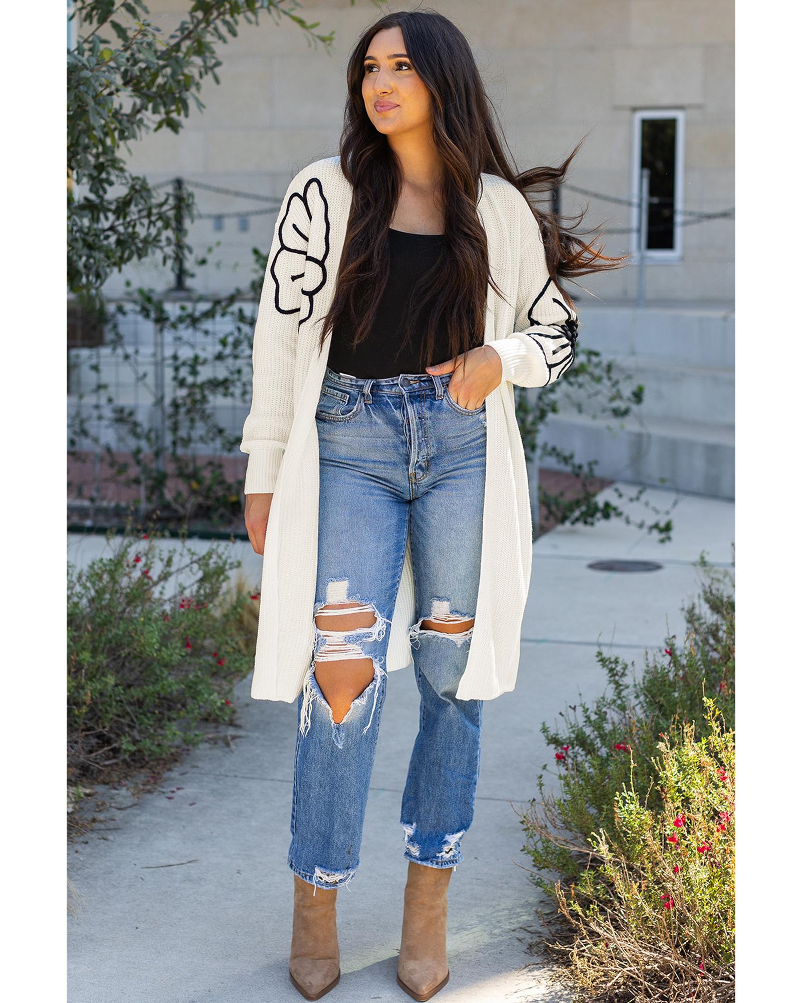 Beige Flower Embroidered Drop Shoulder Open Front Duster Cardigan - L