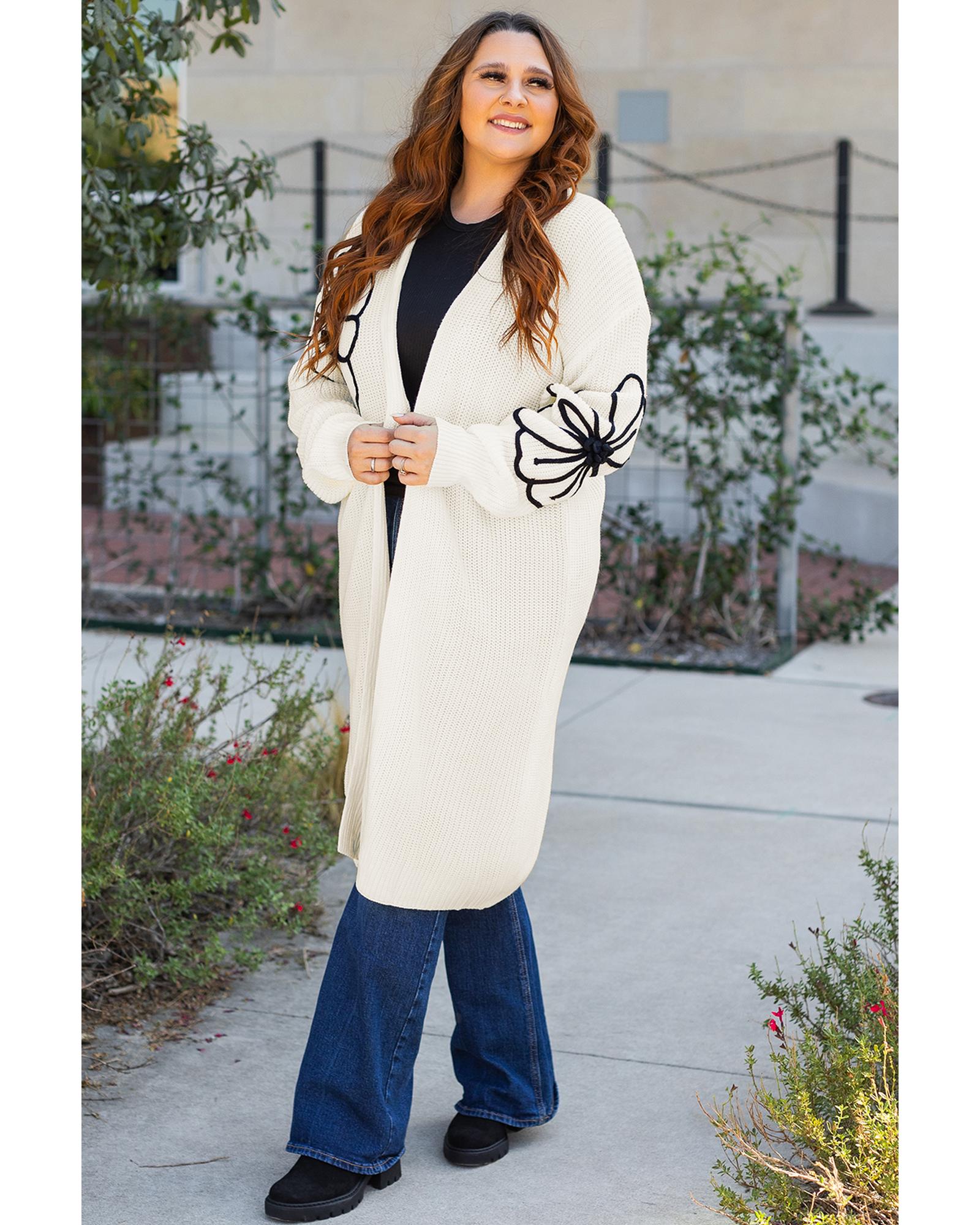 Beige Flower Embroidered Drop Shoulder Open Front Duster Cardigan - L