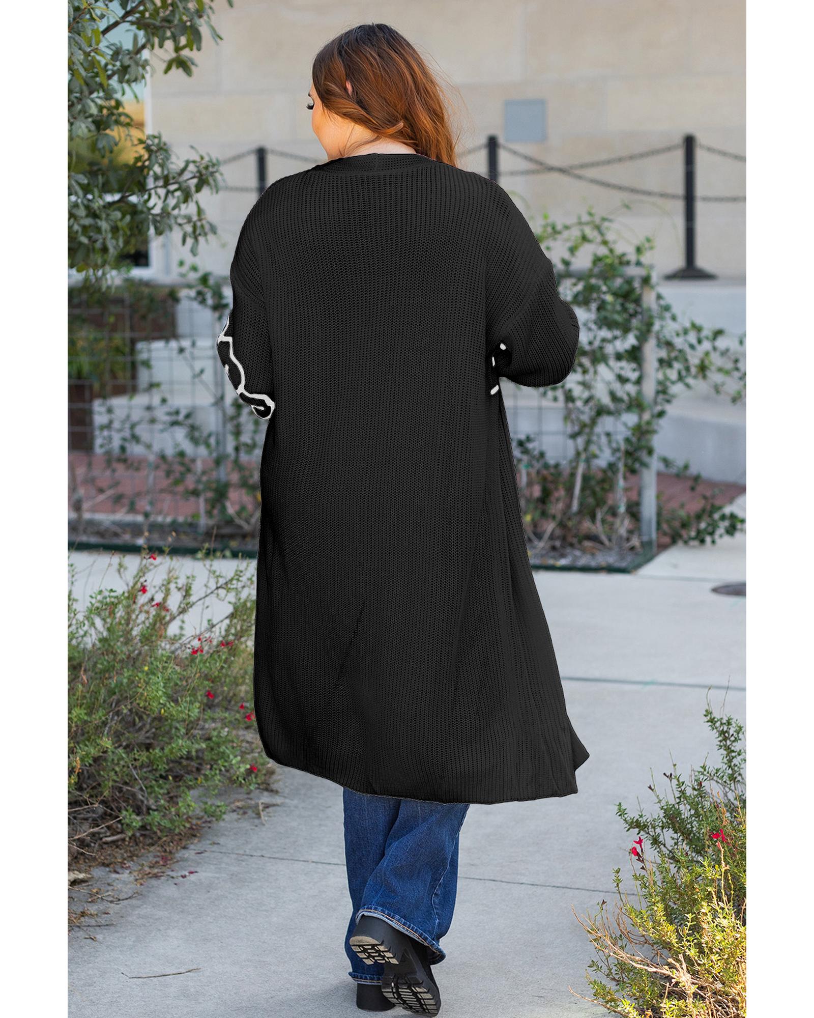 Black Flower Embroidered Drop Shoulder Open Front Duster Cardigan - M