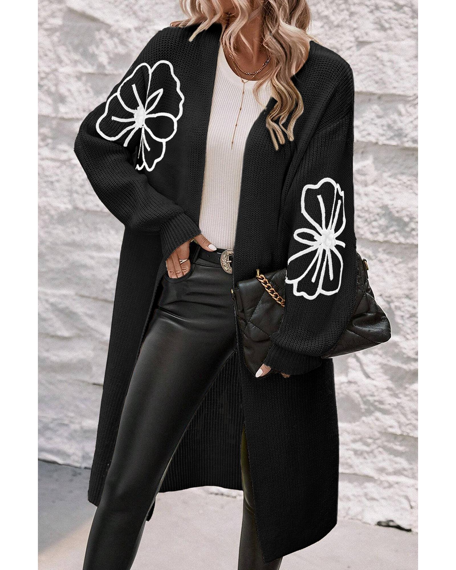 Black Flower Embroidered Drop Shoulder Open Front Duster Cardigan - M