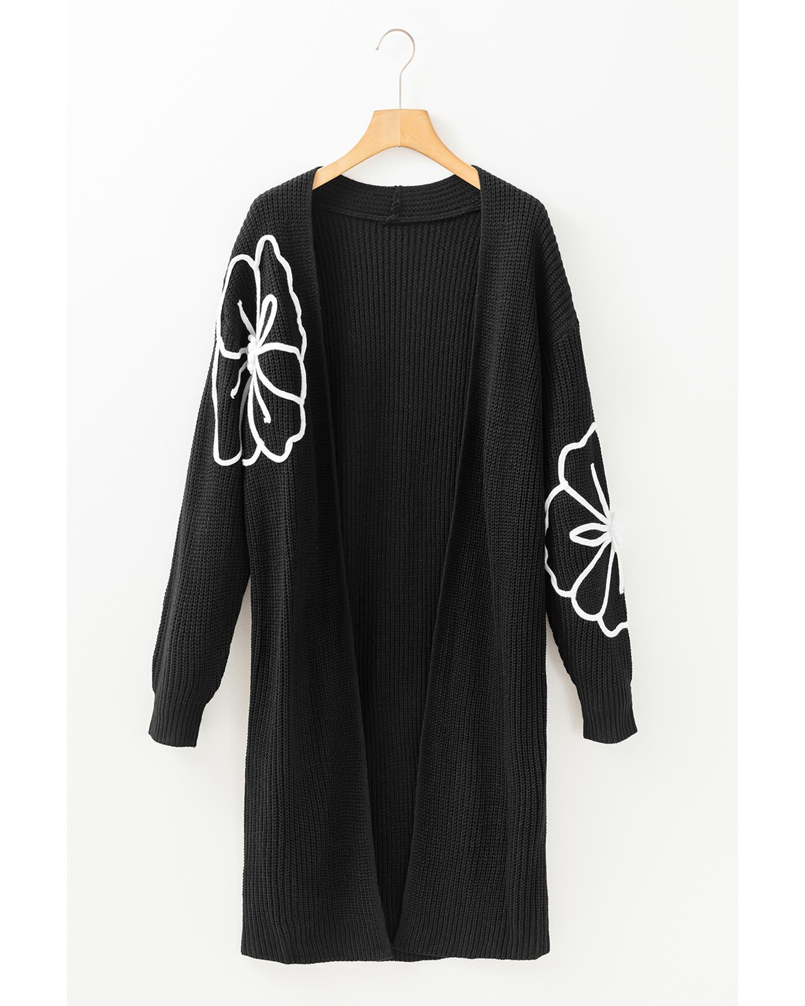Black Flower Embroidered Drop Shoulder Open Front Duster Cardigan - M