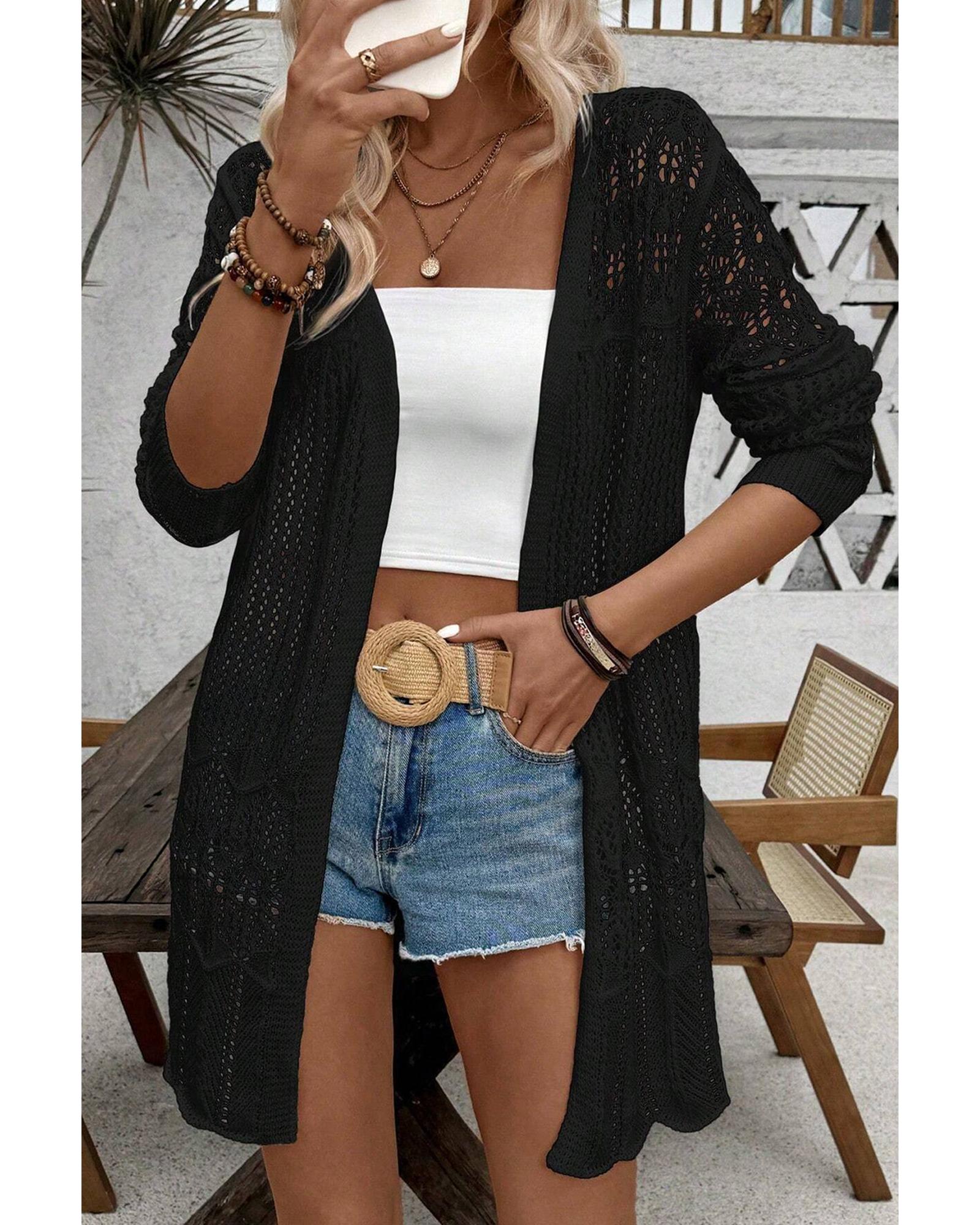 Black Crochet Hollow Out Open Front Cardigan - M