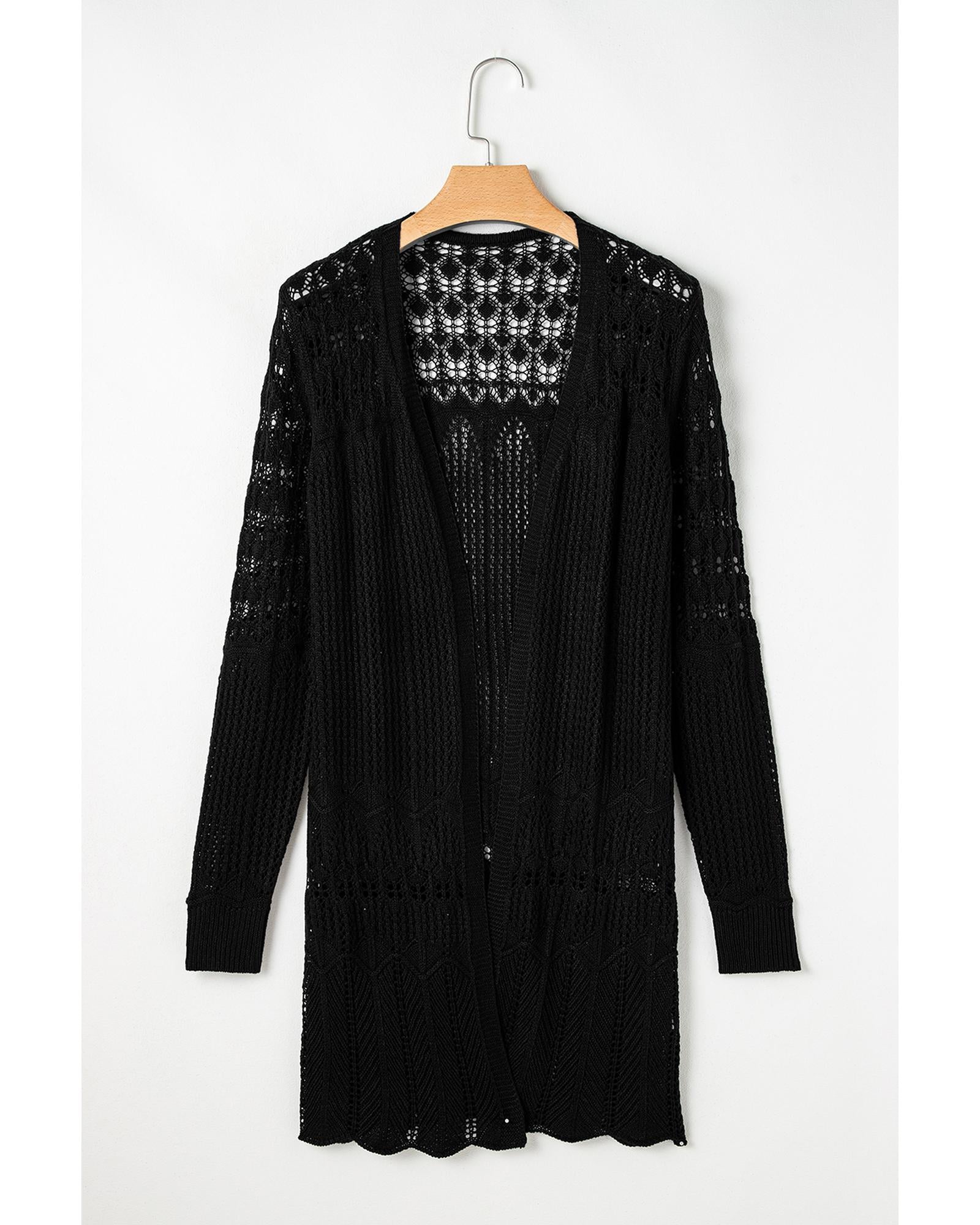 Black Crochet Hollow Out Open Front Cardigan - M