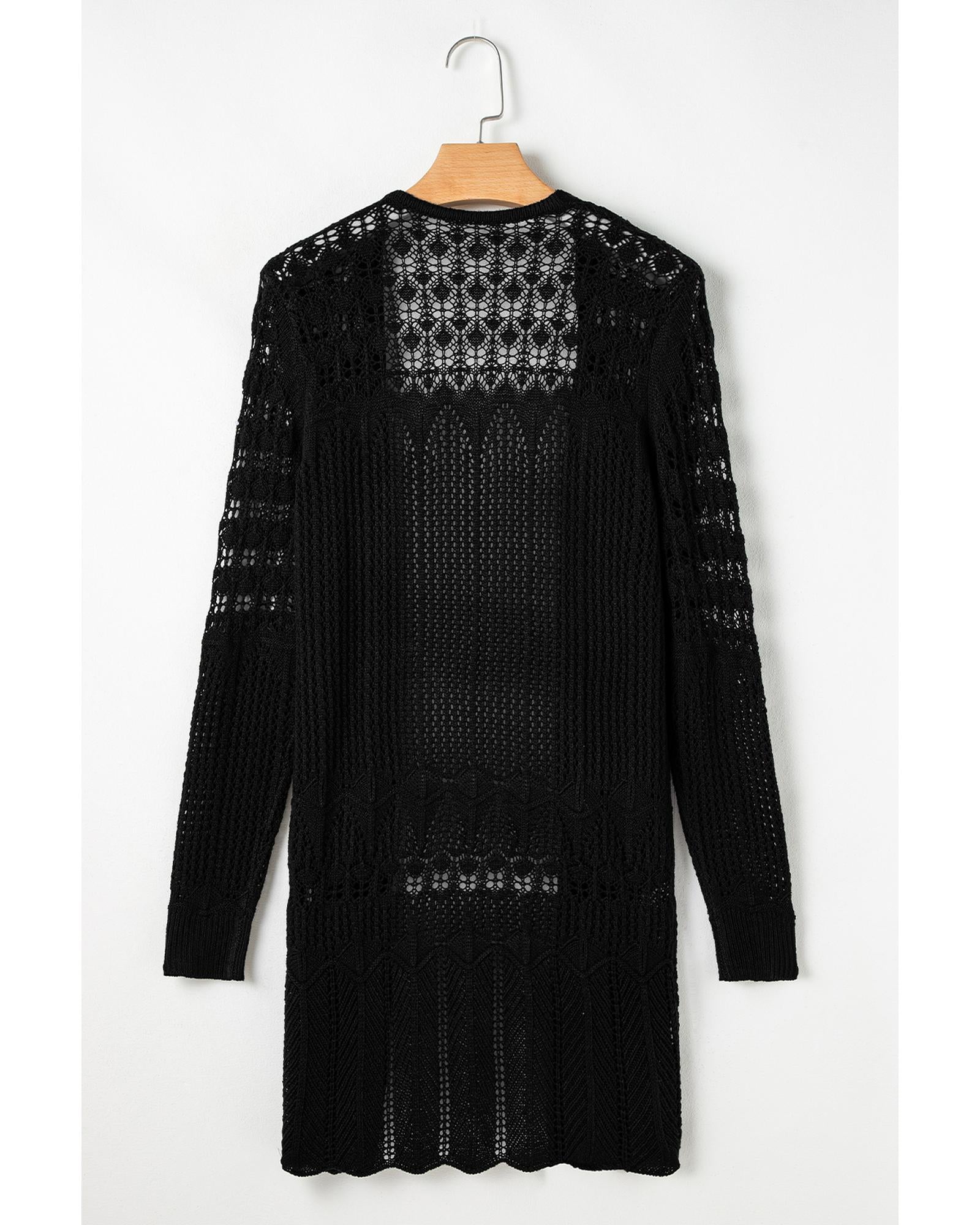 Black Crochet Hollow Out Open Front Cardigan - M