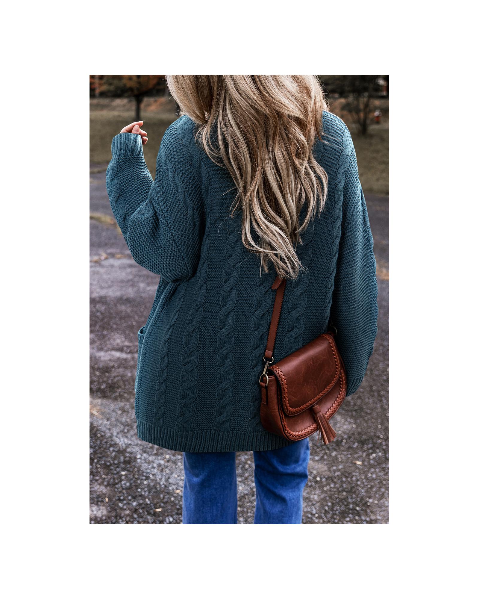 Peacock Blue Cable Knit Button Front Pocketed Baggy Cardigan - M