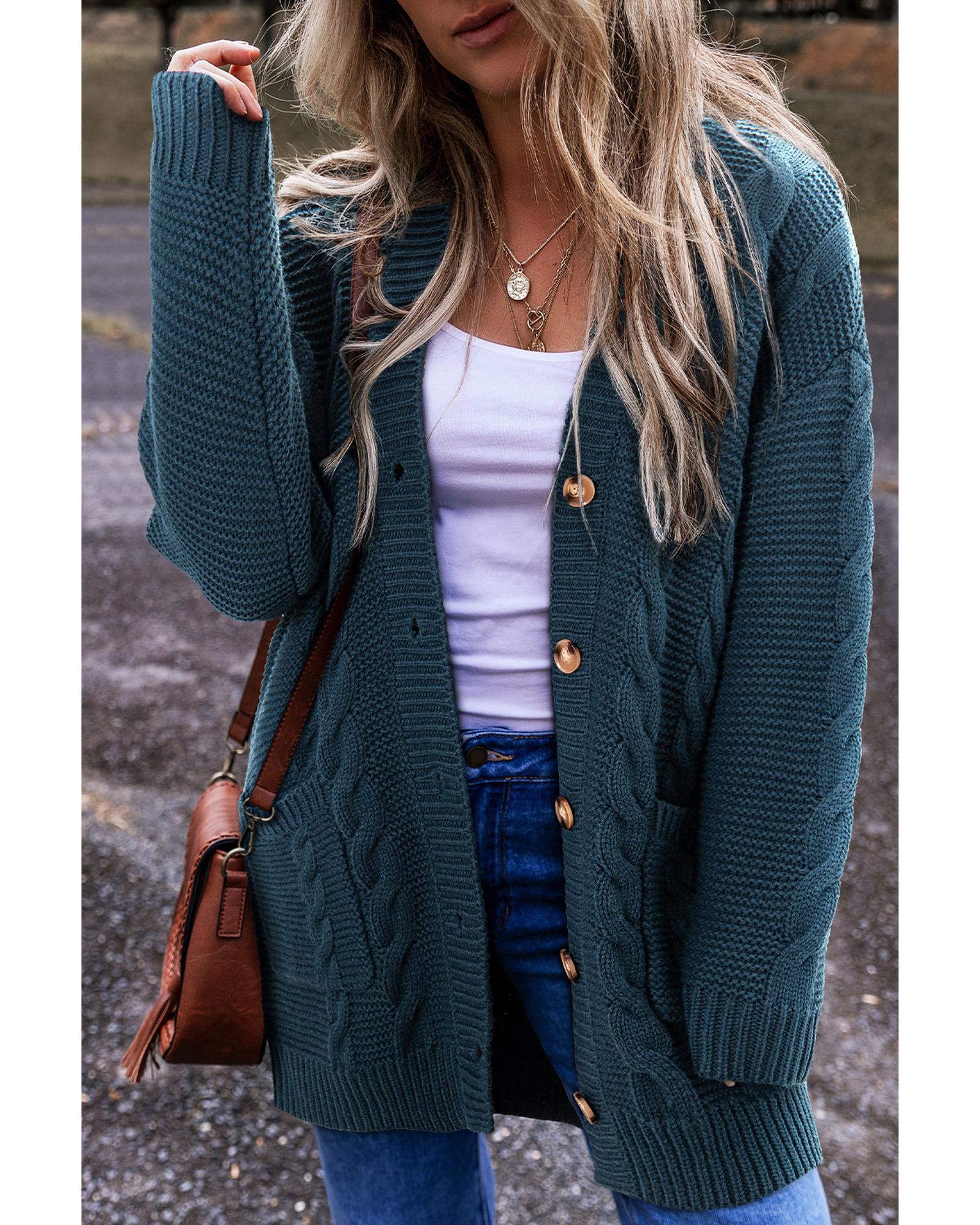 Peacock Blue Cable Knit Button Front Pocketed Baggy Cardigan - M