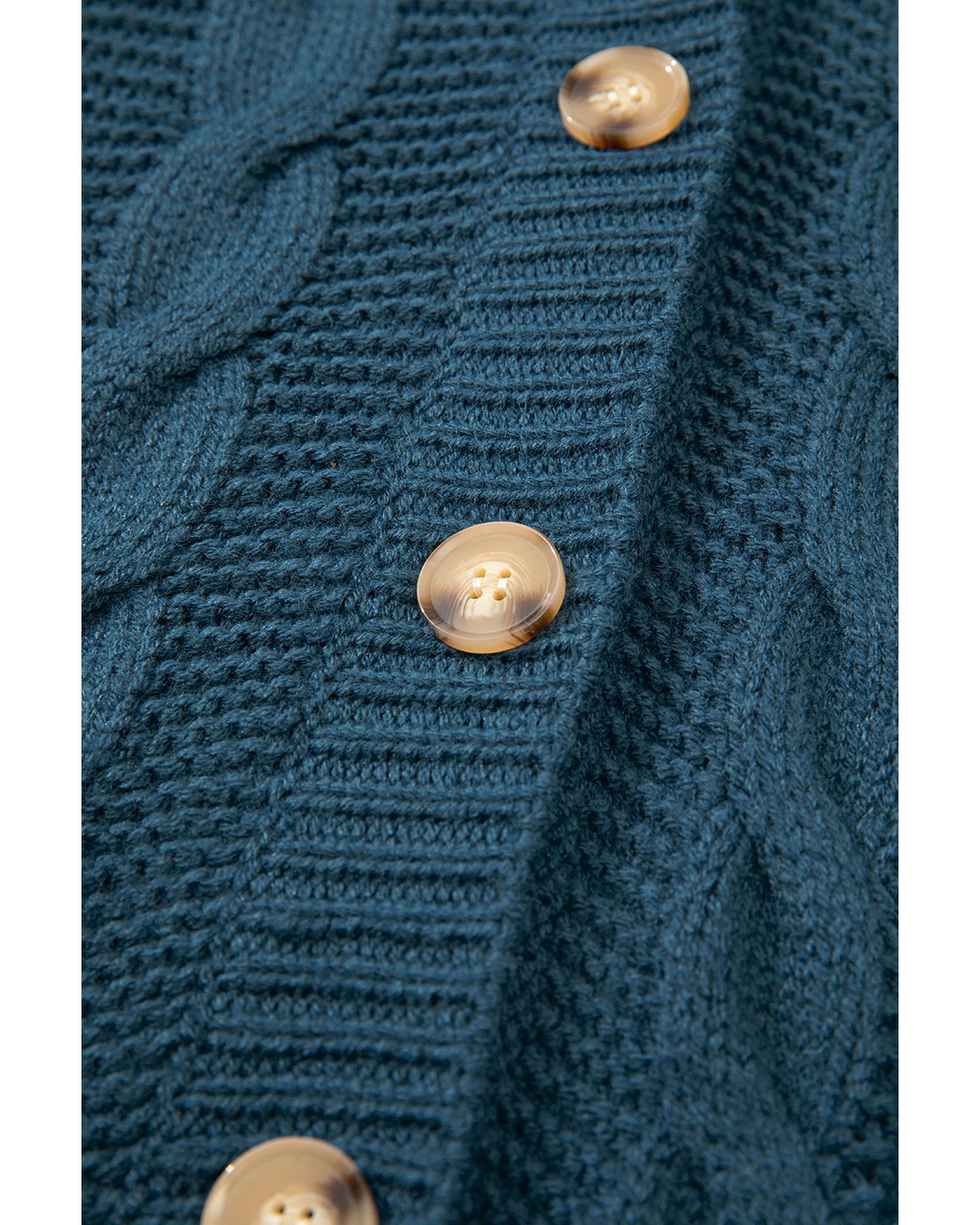 Peacock Blue Cable Knit Button Front Pocketed Baggy Cardigan - M