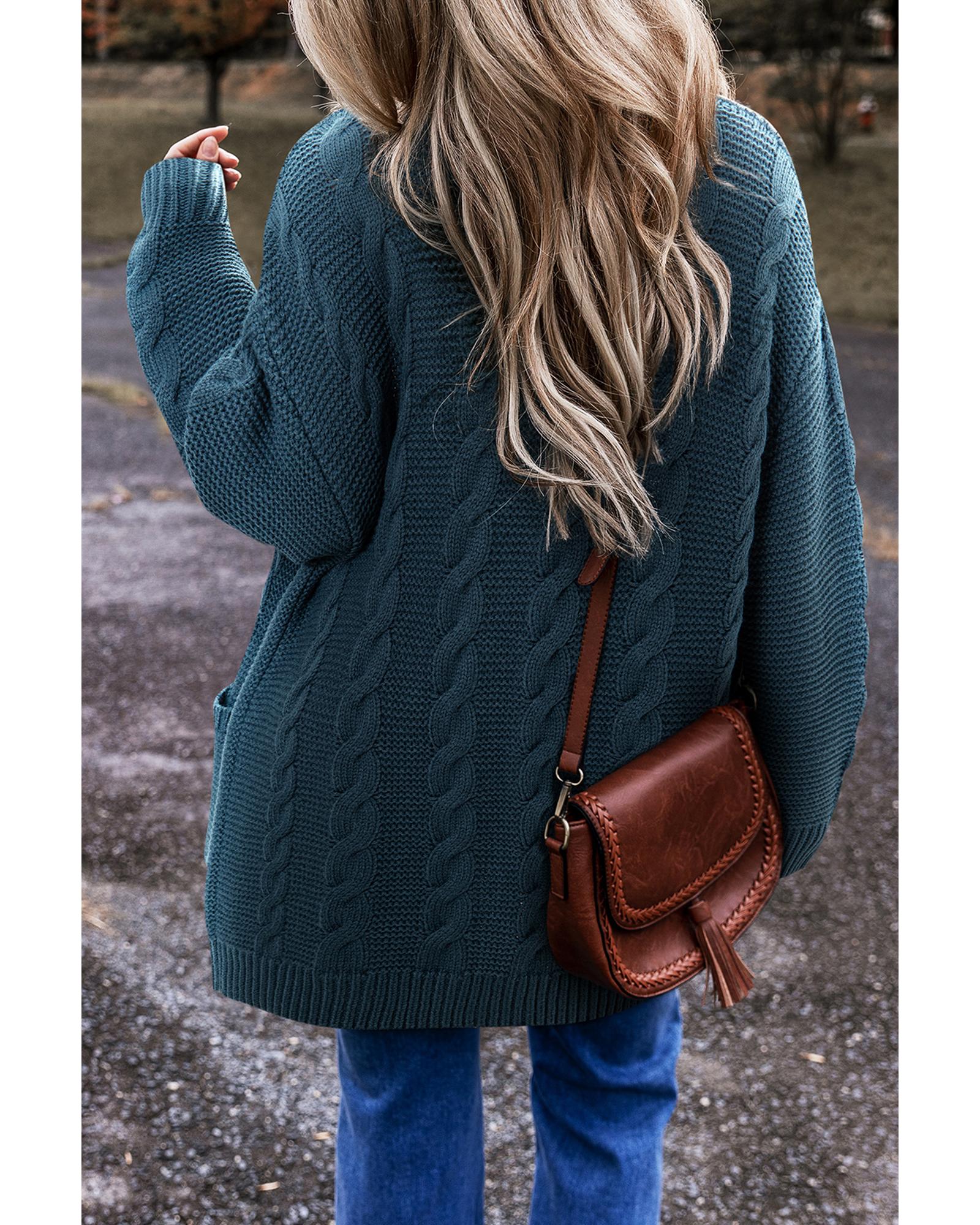 Peacock Blue Cable Knit Button Front Pocketed Baggy Cardigan - M