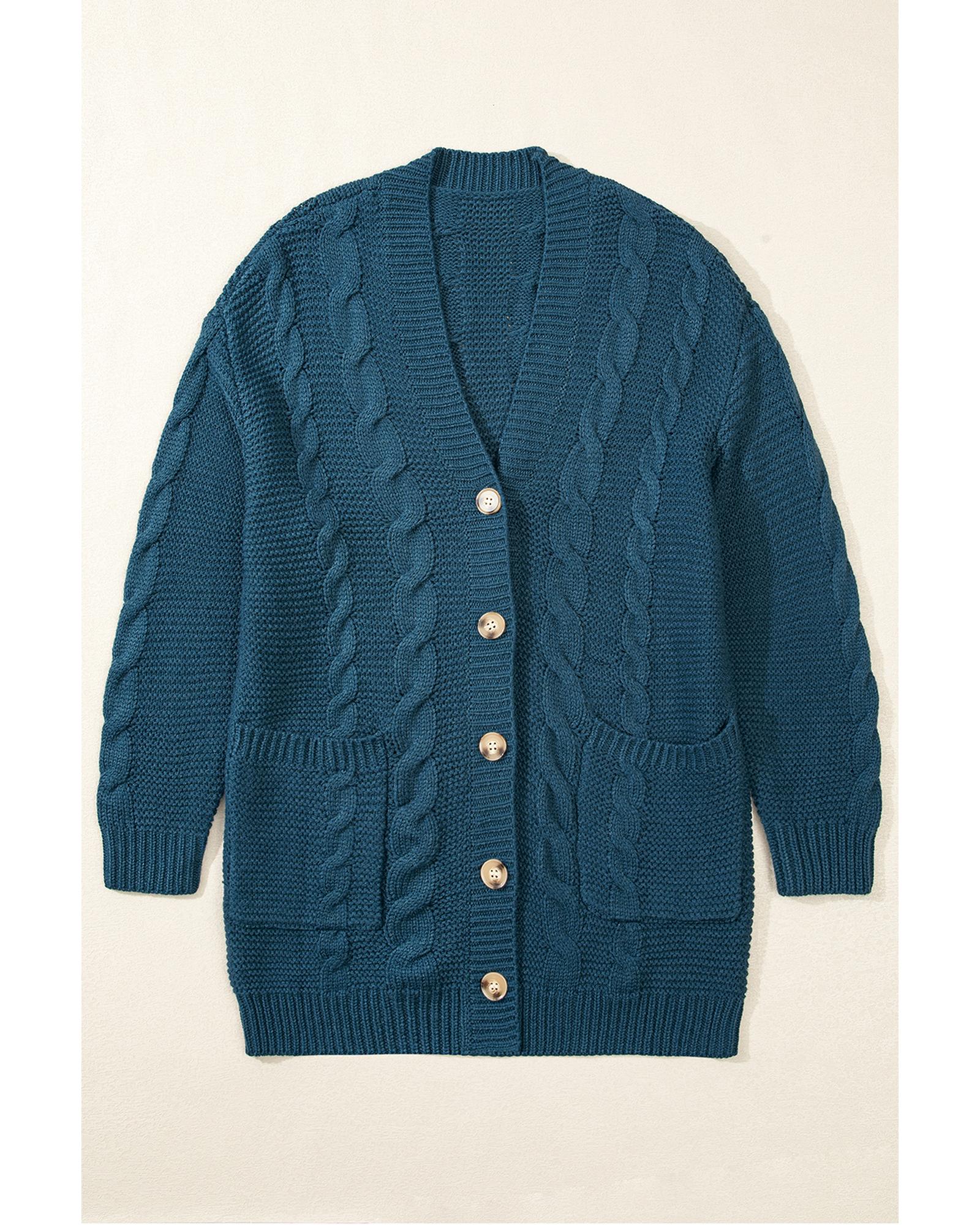 Peacock Blue Cable Knit Button Front Pocketed Baggy Cardigan - XL