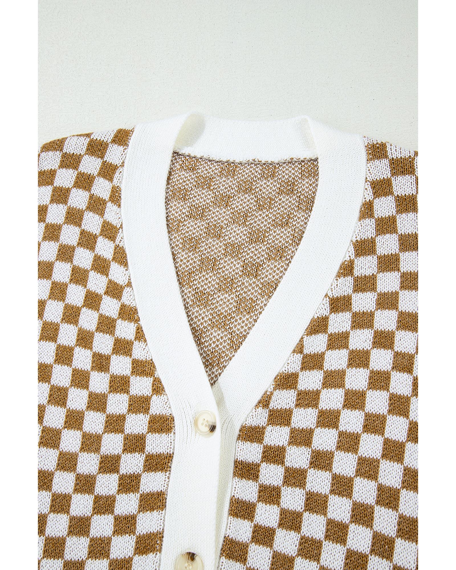 Brown Checkered Striped Patched Buttoned V Neck Cardigan - S