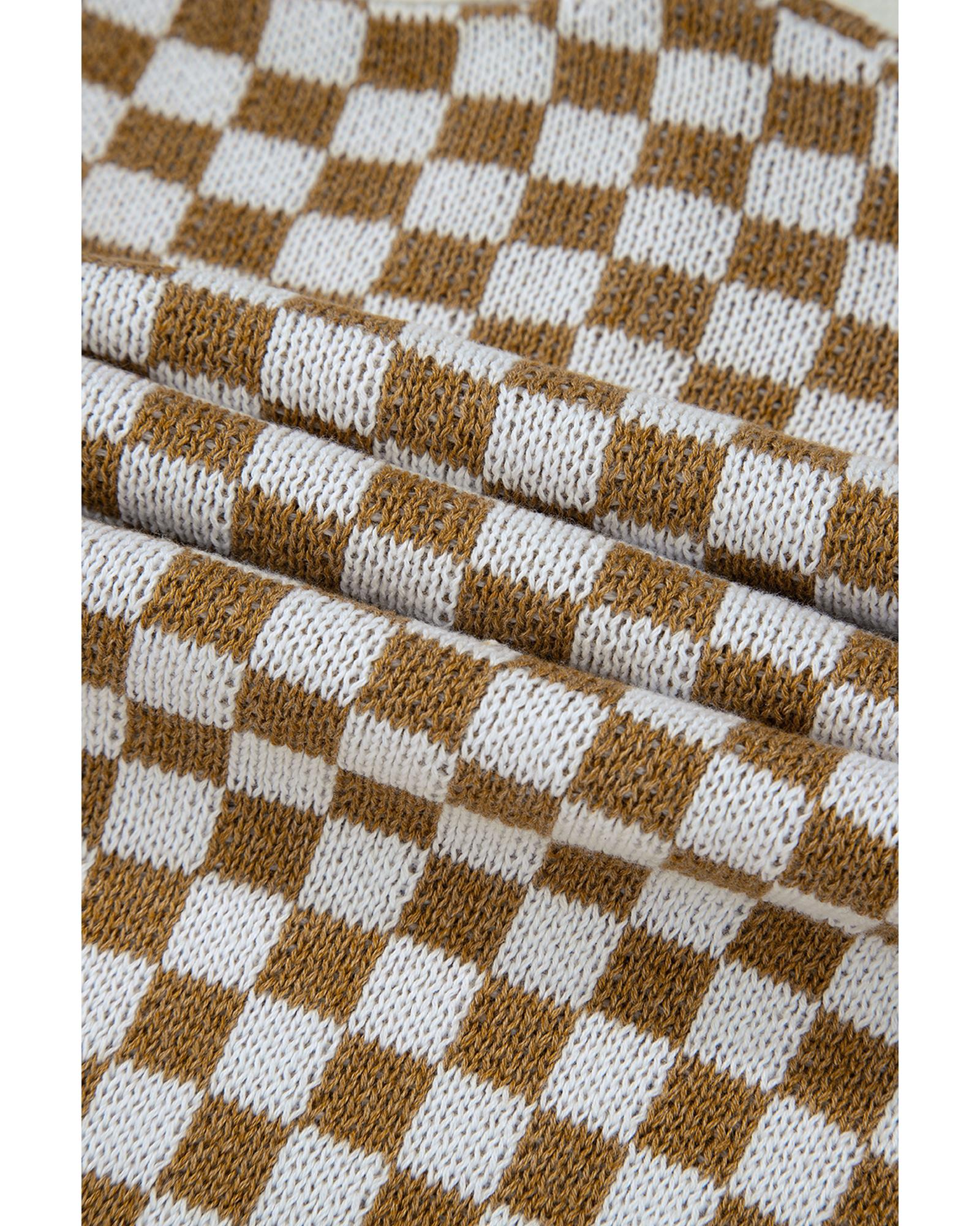 Brown Checkered Striped Patched Buttoned V Neck Cardigan - S