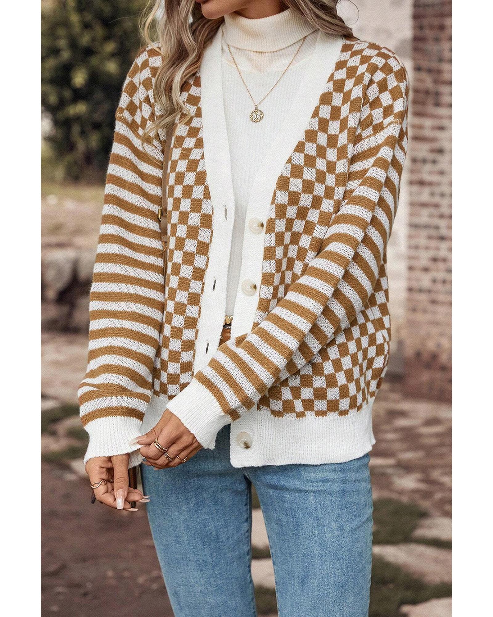 Brown Checkered Striped Patched Buttoned V Neck Cardigan - XL