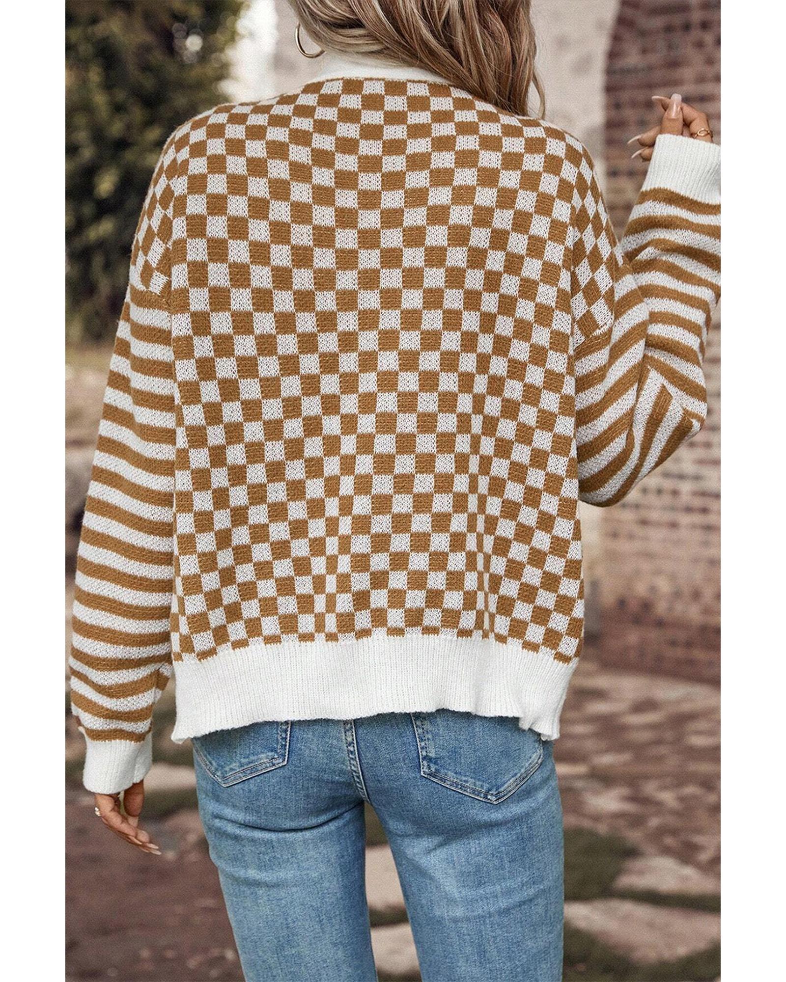 Brown Checkered Striped Patched Buttoned V Neck Cardigan - XL