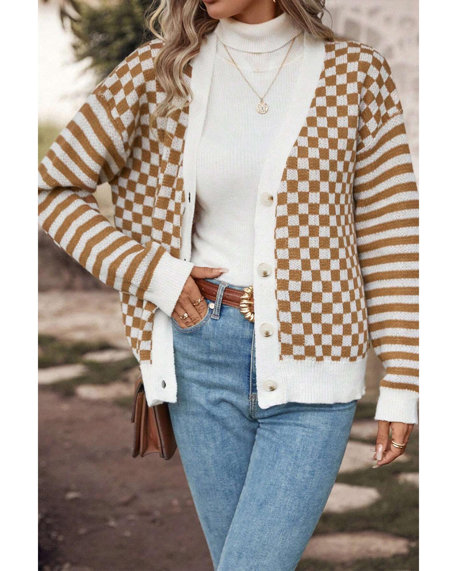 Brown Checkered Striped Patched Buttoned V Neck Cardigan - XL