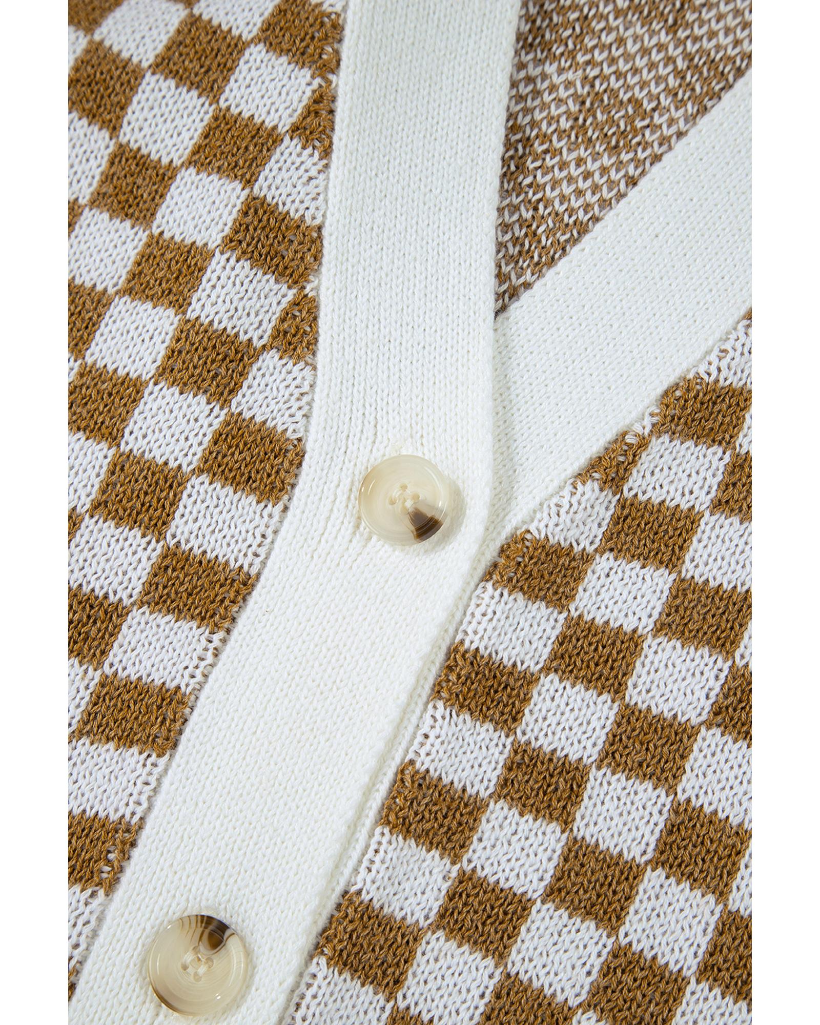 Brown Checkered Striped Patched Buttoned V Neck Cardigan - XL