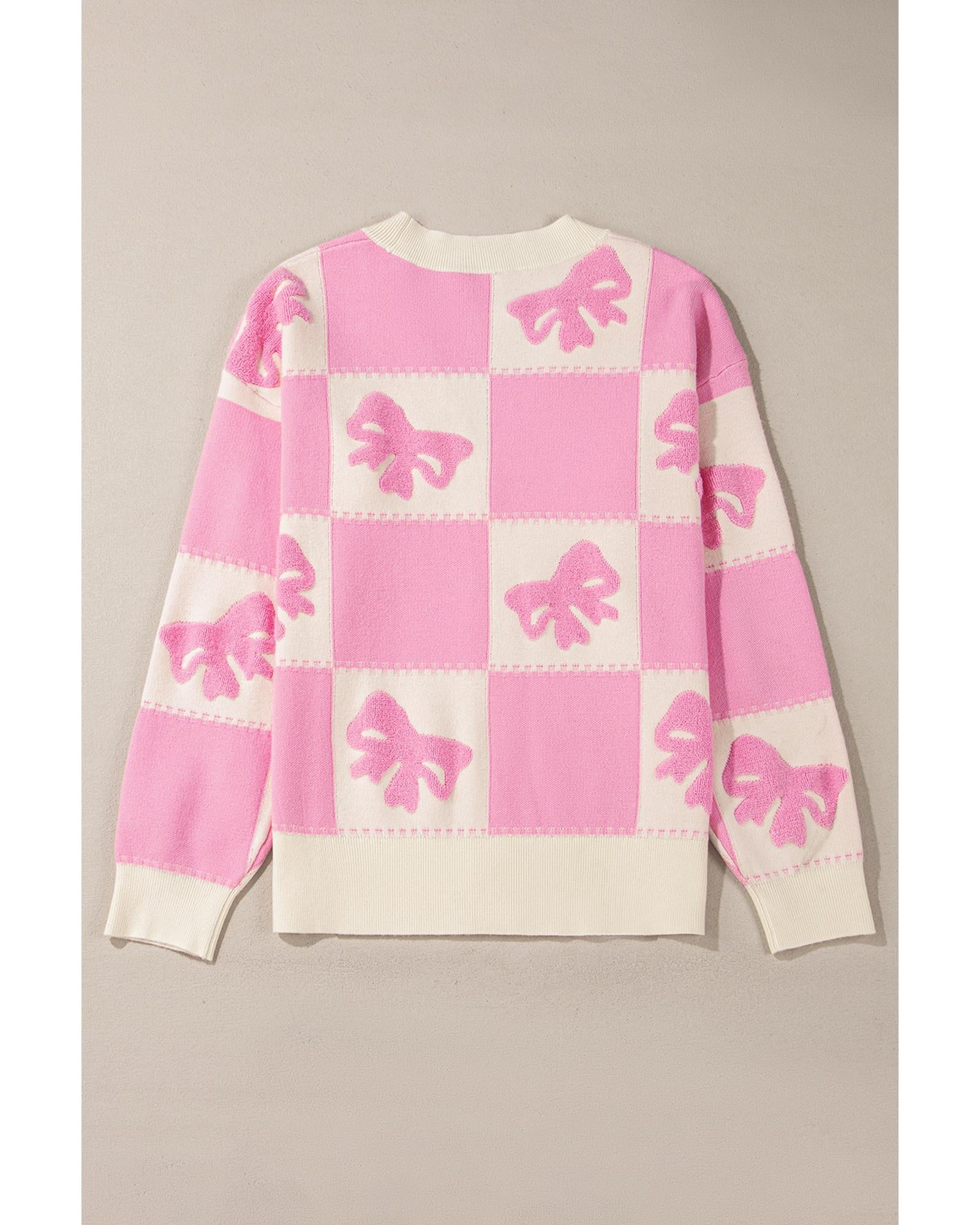 Pink Bowknot Checkered Pattern V Neck Drop Shoulder Button Up Cardigan - M