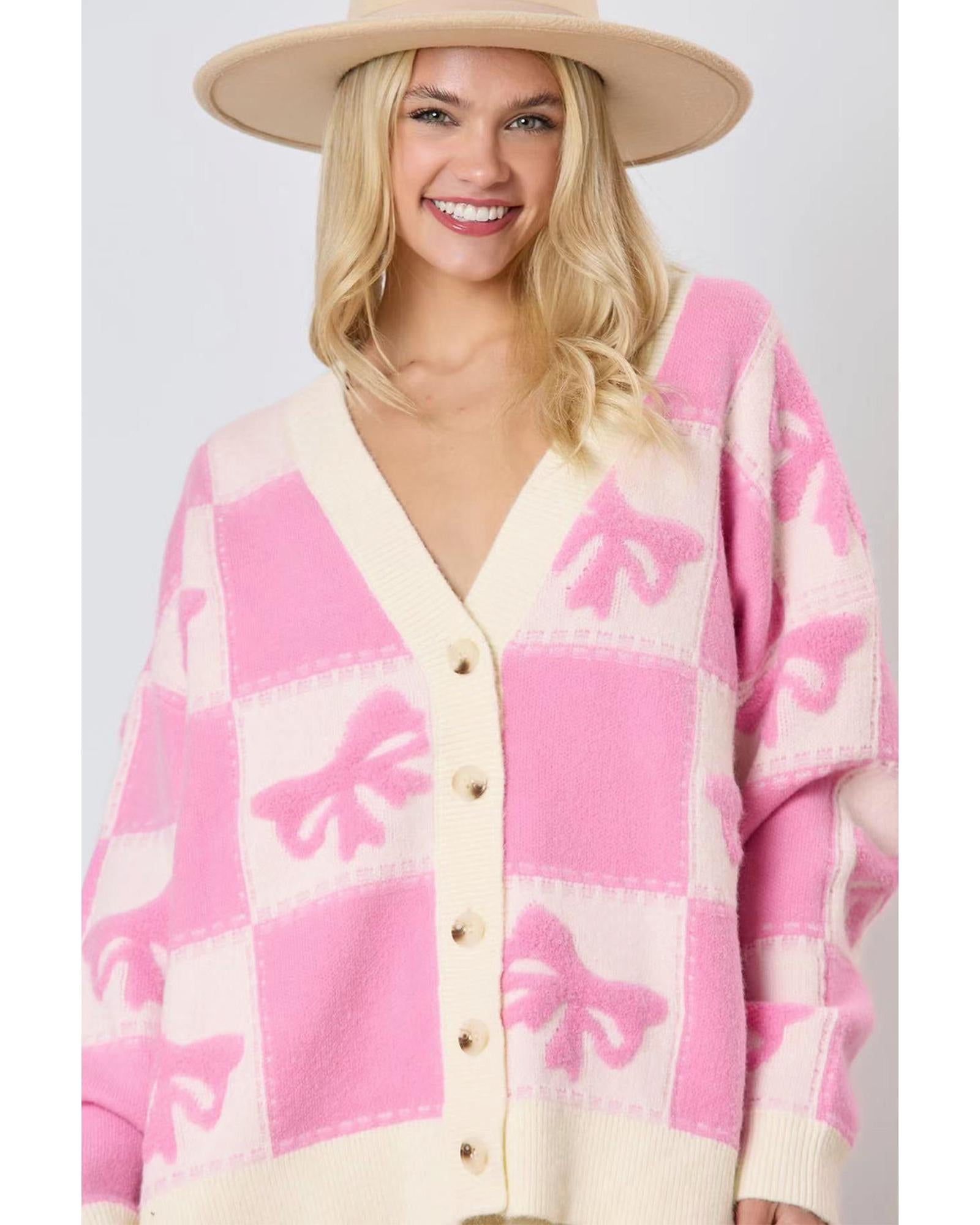 Pink Bowknot Checkered Pattern V Neck Drop Shoulder Button Up Cardigan - M