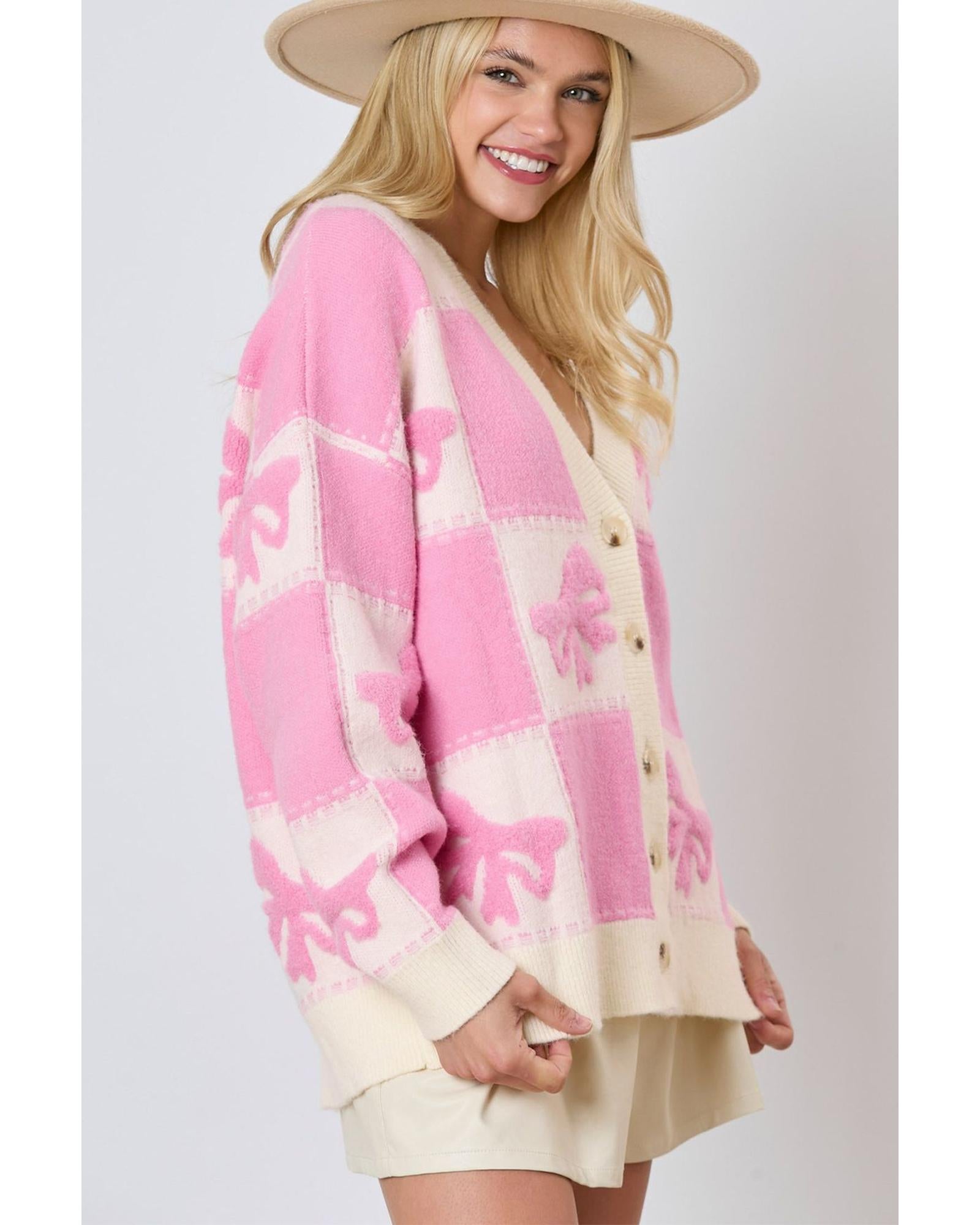 Pink Bowknot Checkered Pattern V Neck Drop Shoulder Button Up Cardigan - M