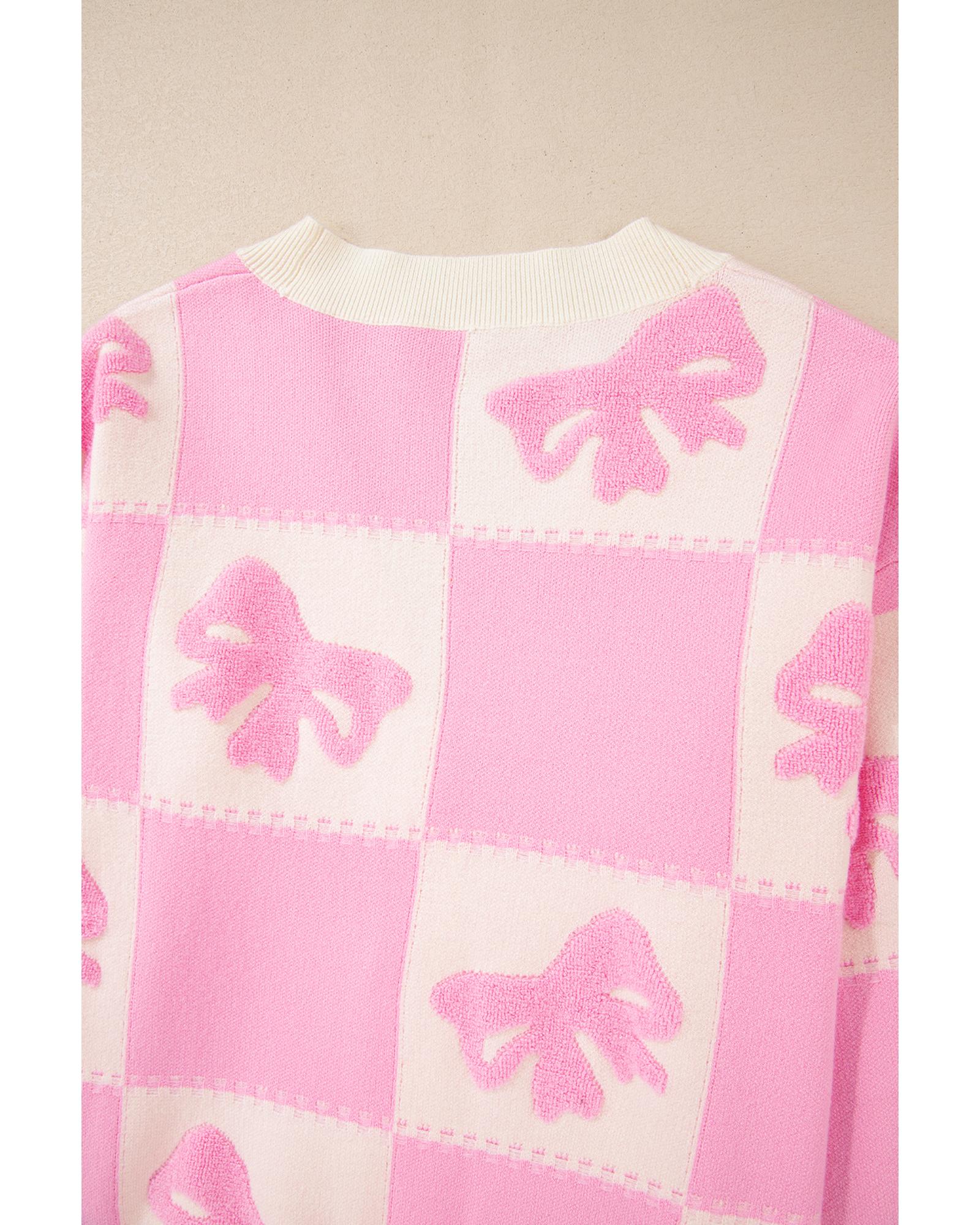 Pink Bowknot Checkered Pattern V Neck Drop Shoulder Button Up Cardigan - M
