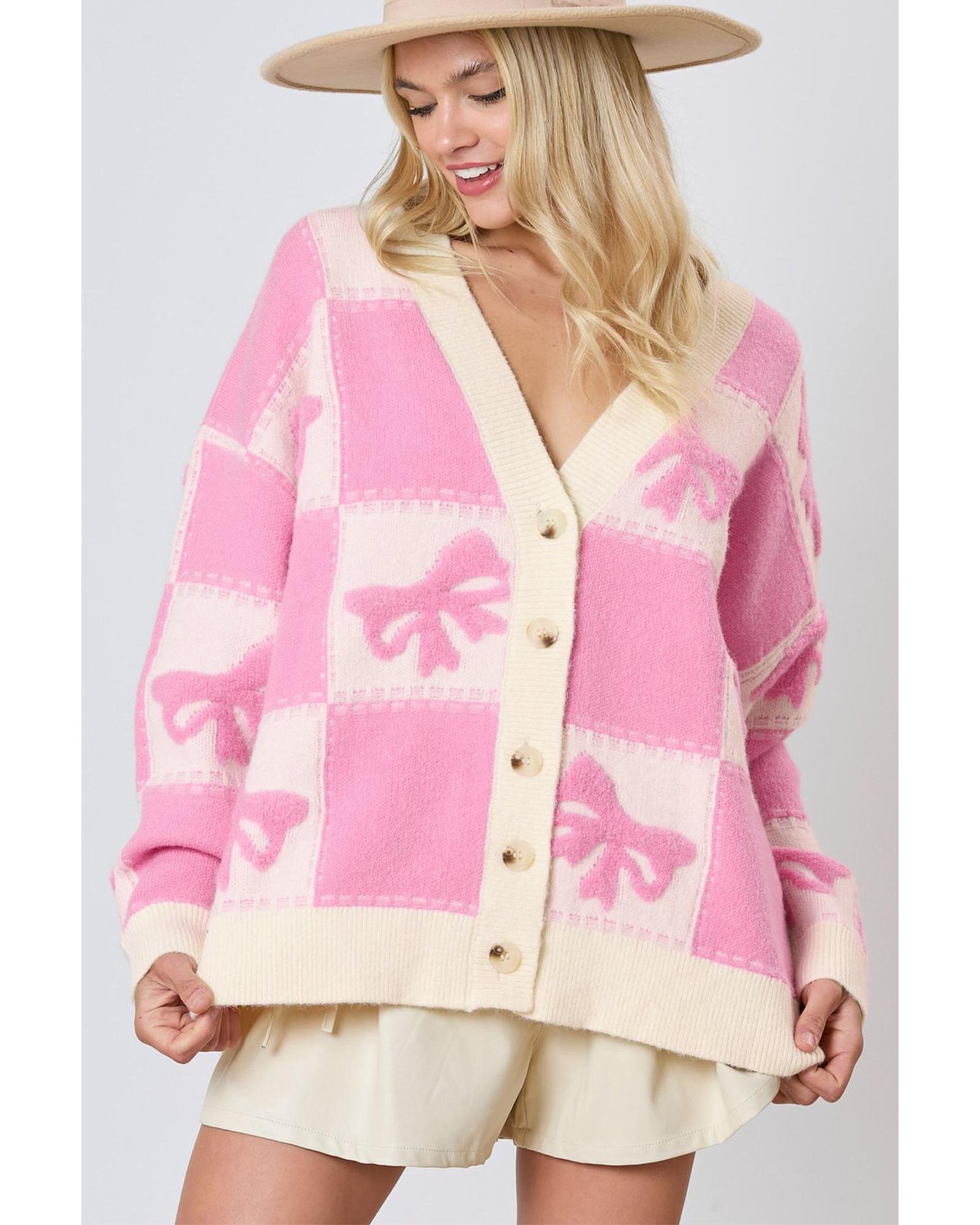 Pink Bowknot Checkered Pattern V Neck Drop Shoulder Button Up Cardigan - M