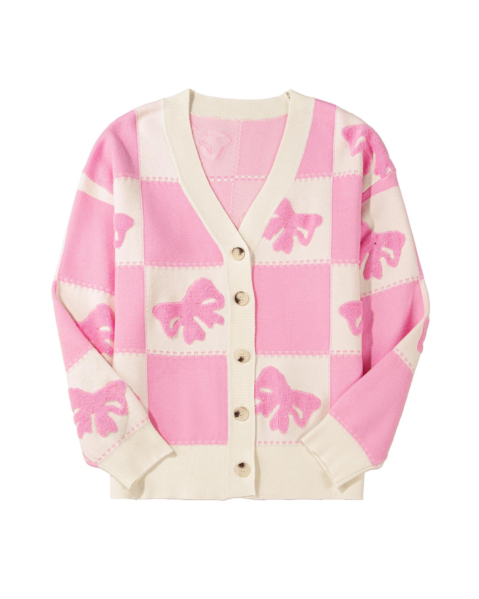 Pink Bowknot Checkered Pattern V Neck Drop Shoulder Button Up Cardigan - M