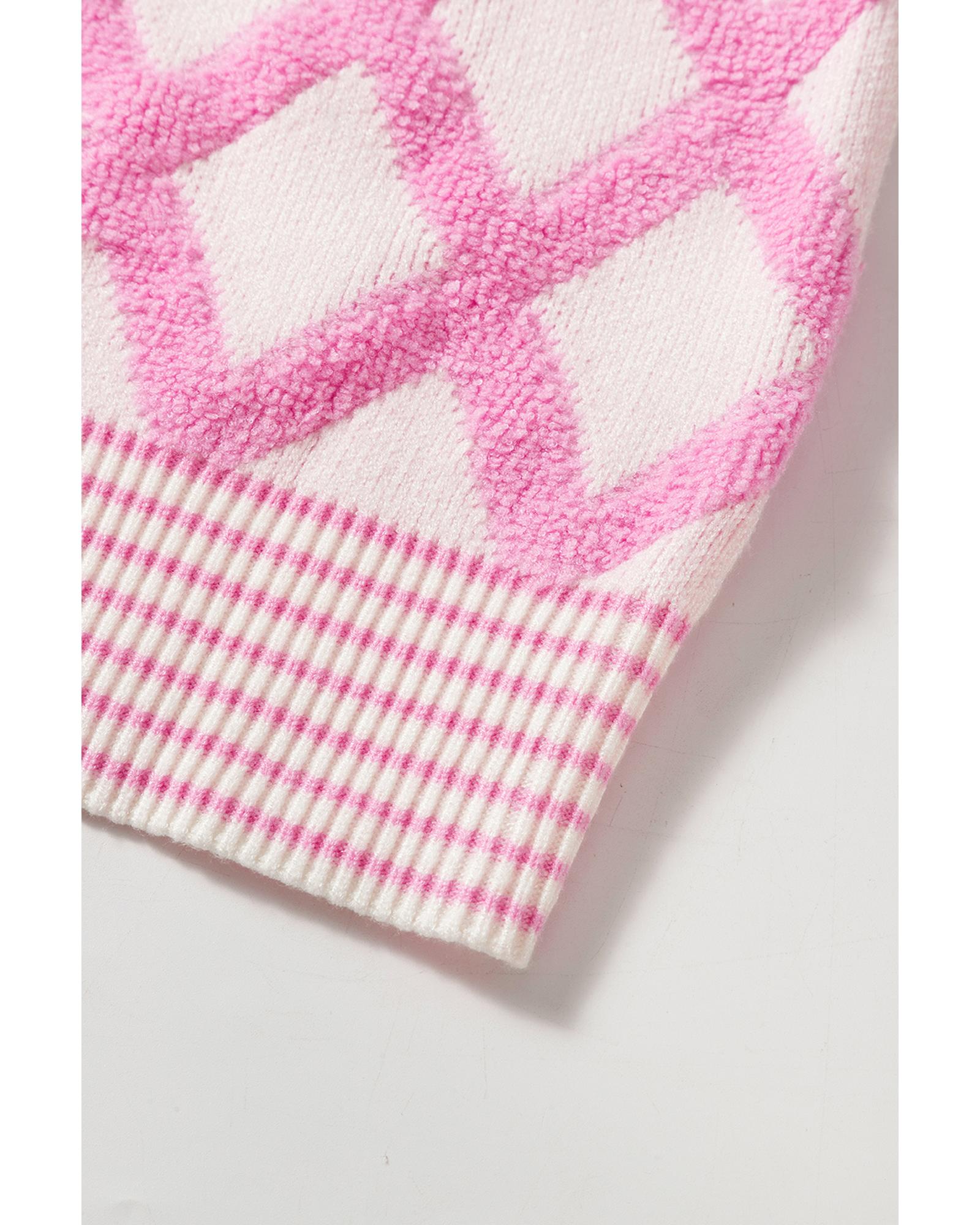 Pink Rhombus Pattern Knit Open Front Pocketed Cardigans - S