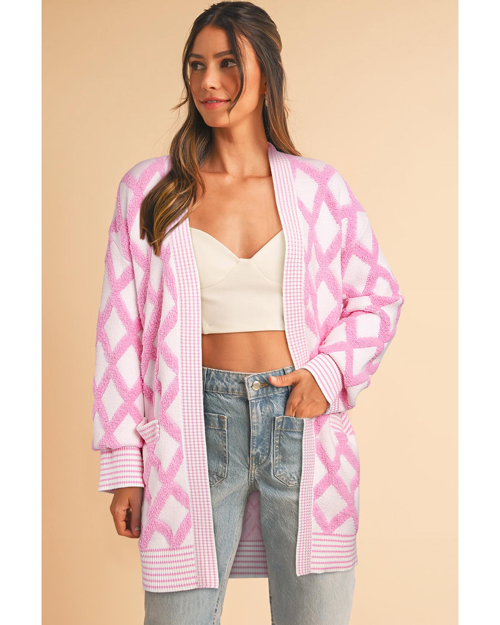 Pink Rhombus Pattern Knit Open Front Pocketed Cardigans - S