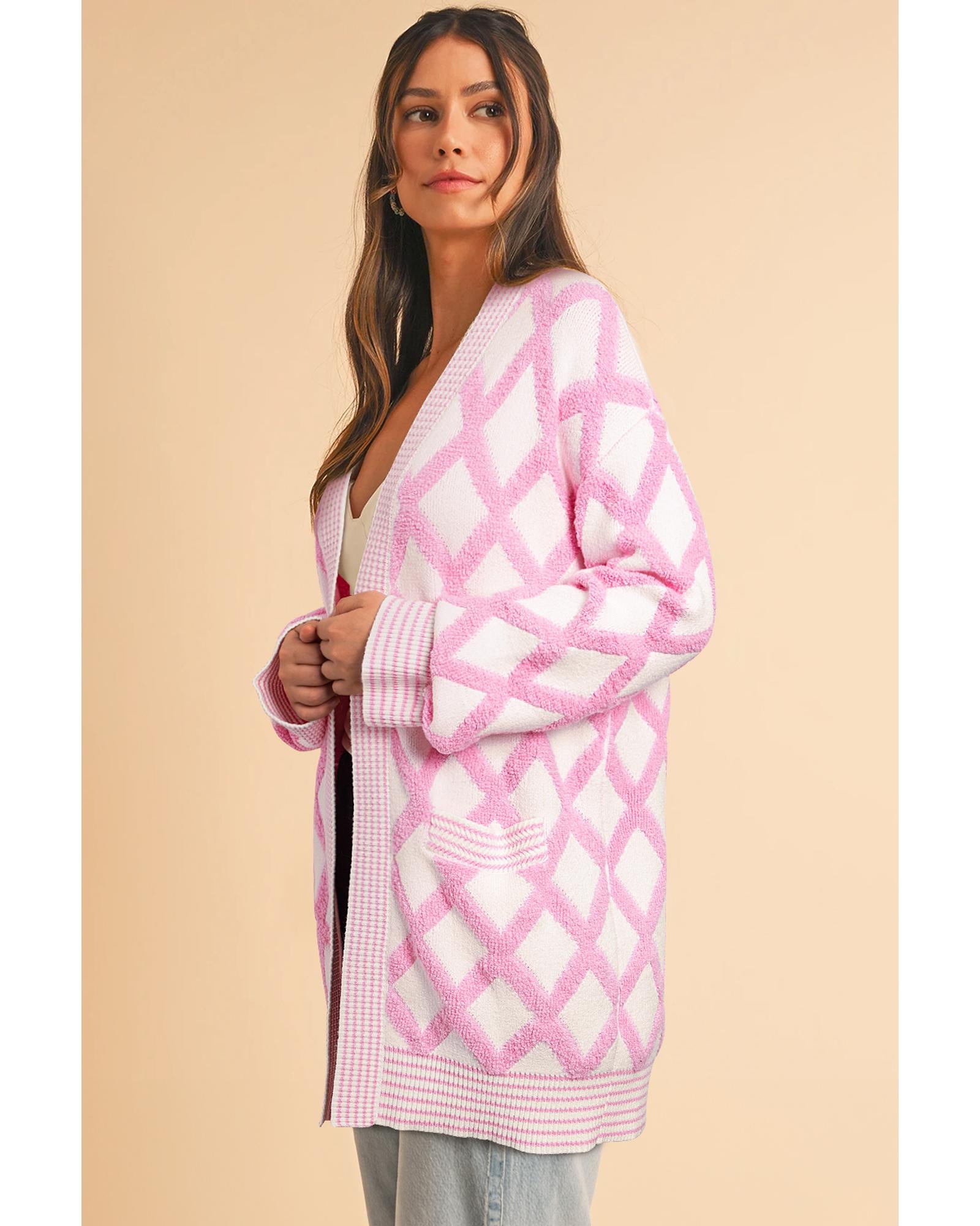 Pink Rhombus Pattern Knit Open Front Pocketed Cardigans - S