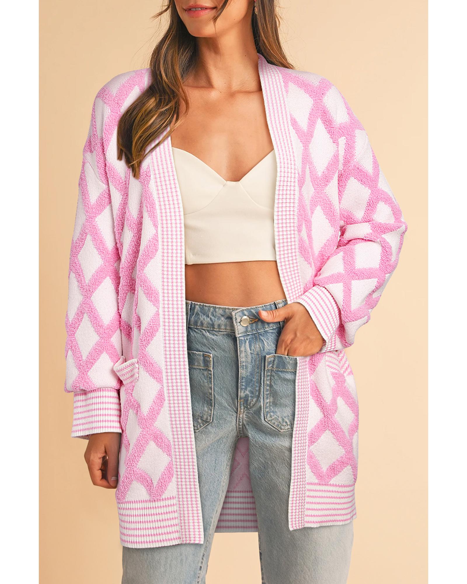 Pink Rhombus Pattern Knit Open Front Pocketed Cardigans - S