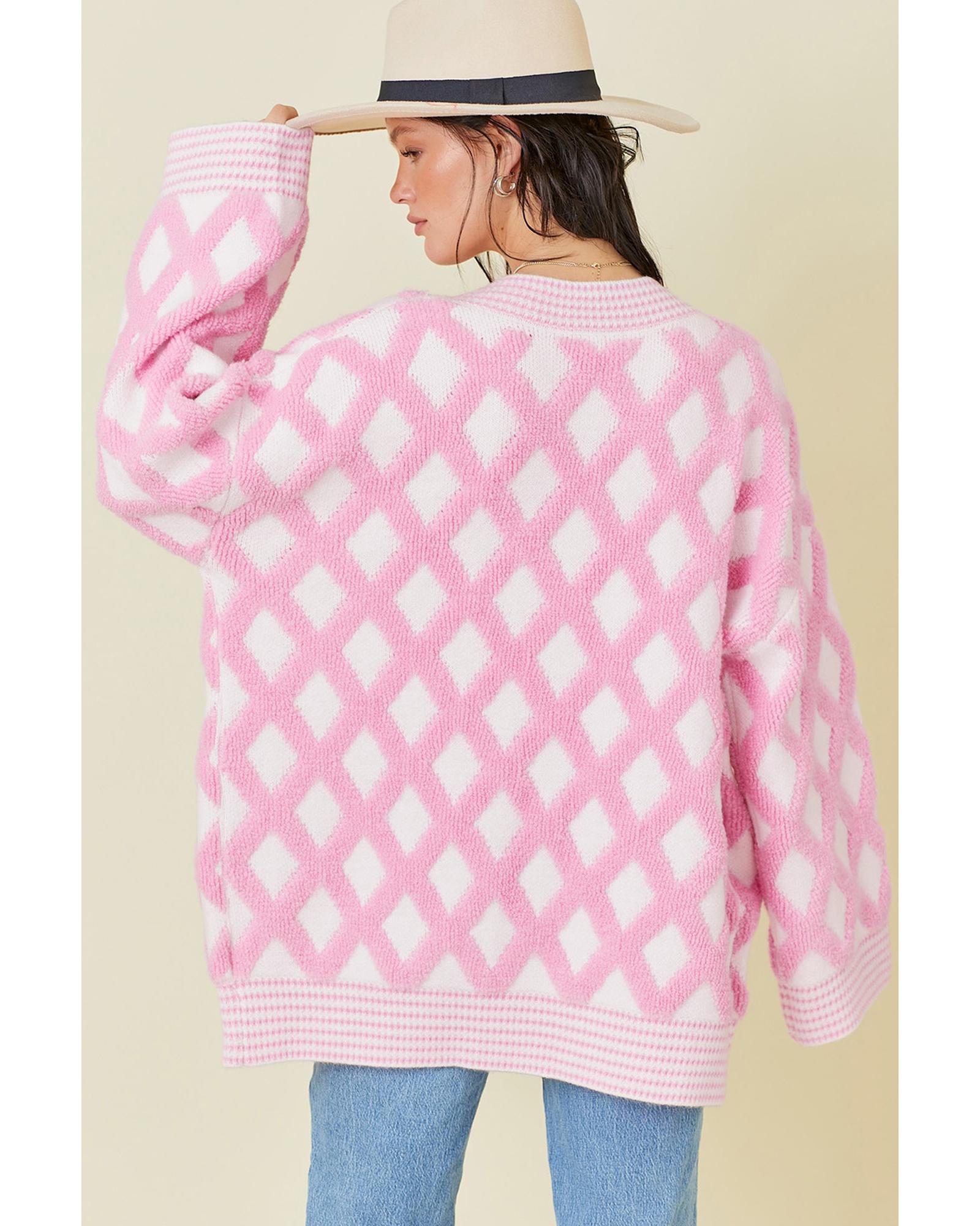 Pink Rhombus Pattern Knit Open Front Pocketed Cardigans - S