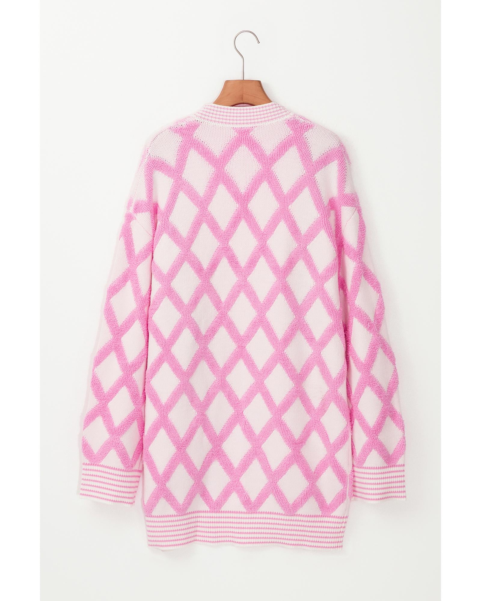 Pink Rhombus Pattern Knit Open Front Pocketed Cardigans - S