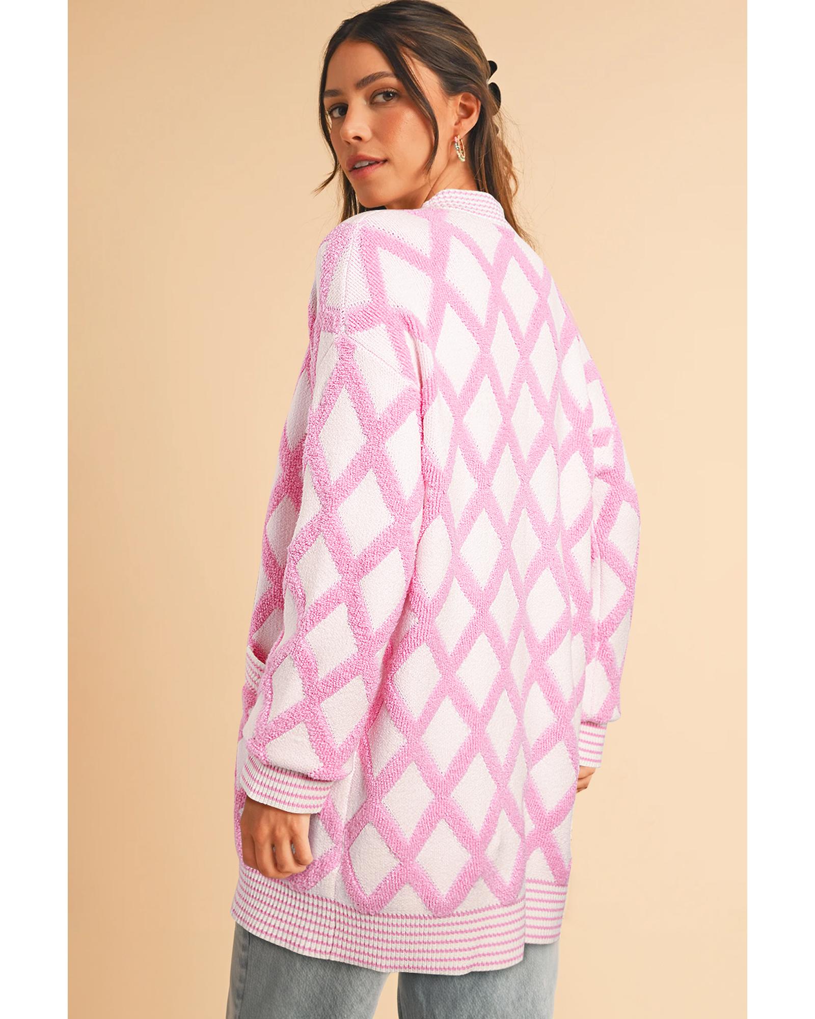Pink Rhombus Pattern Knit Open Front Pocketed Cardigans - S